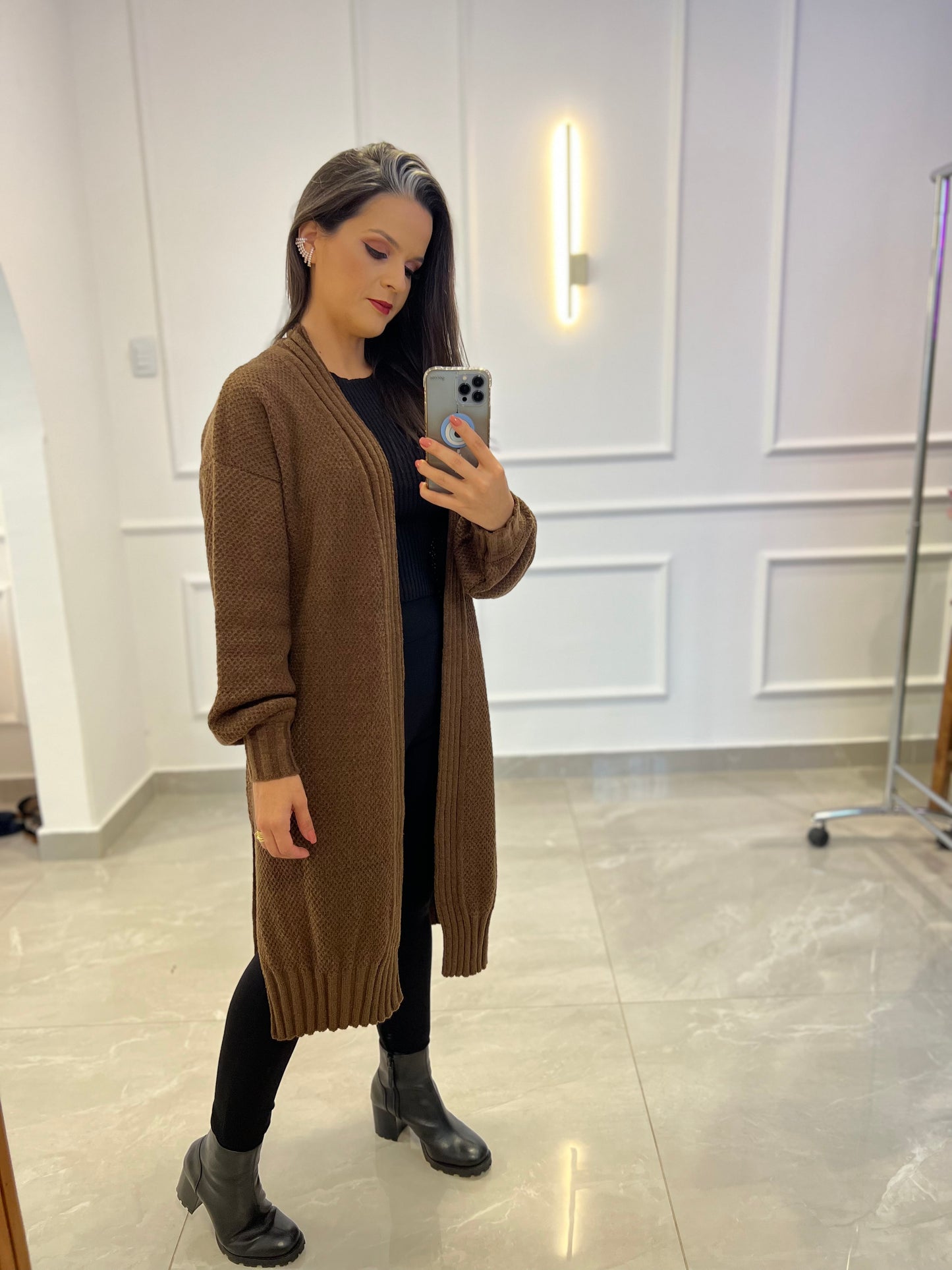Elongated Tricot Cardigan - Brown