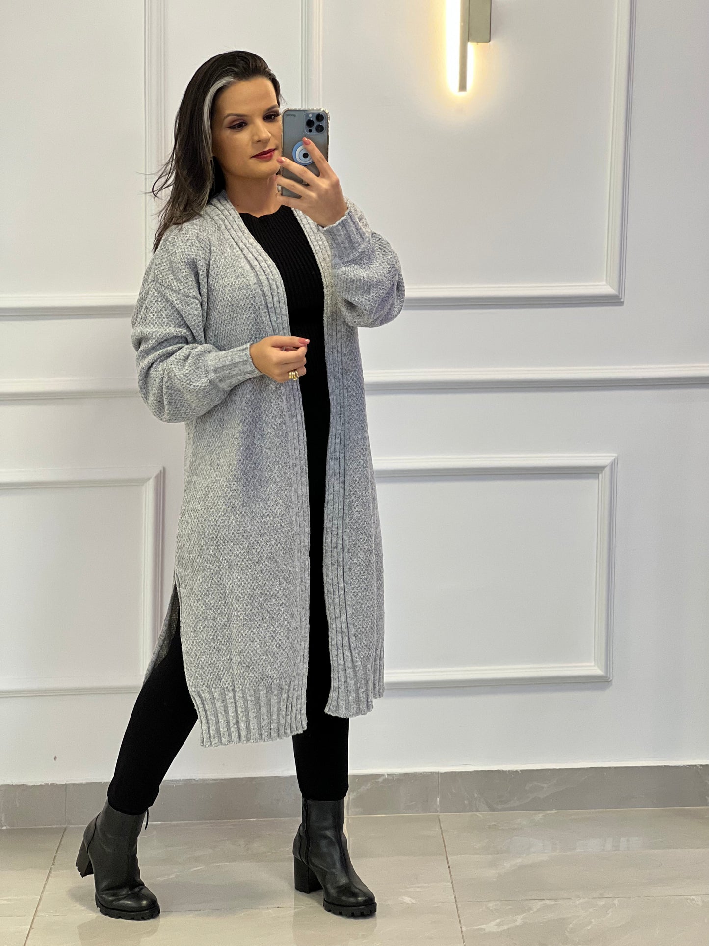Cardigan Alongado Tricot - Cinza