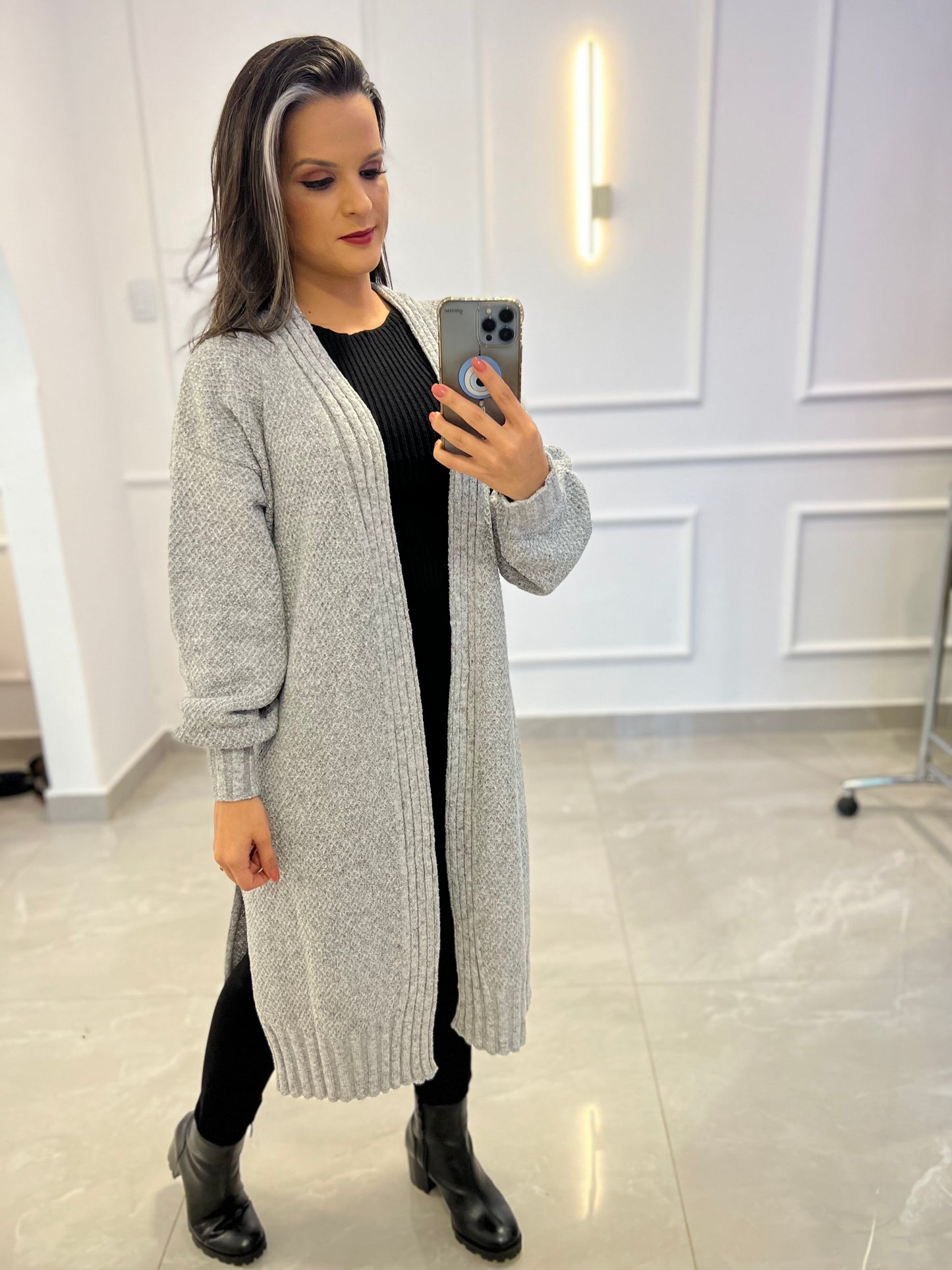 Cardigan Alongado Tricot - Cinza
