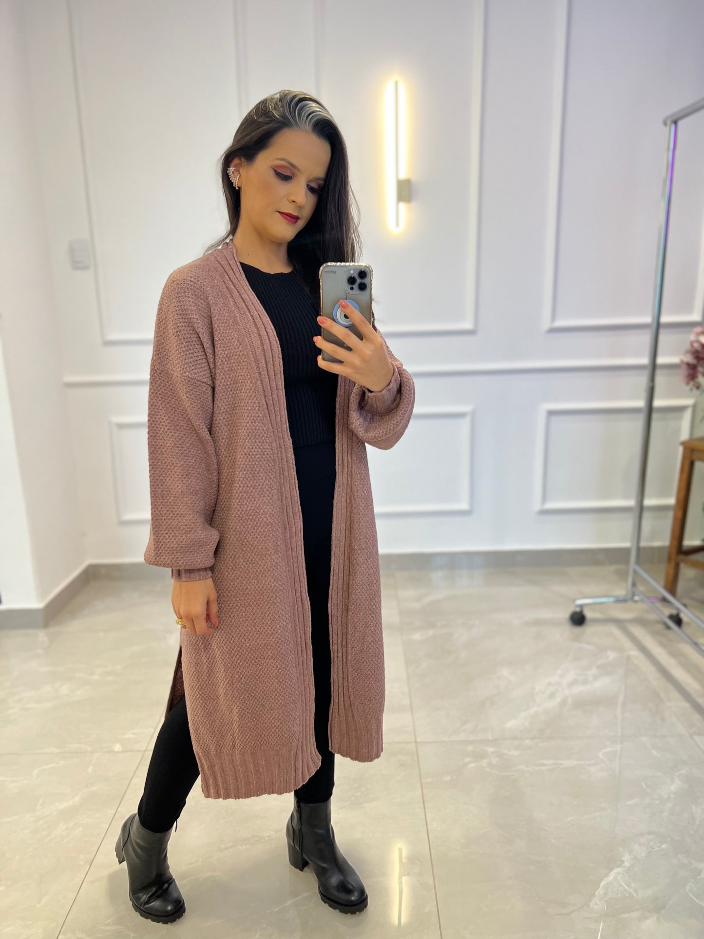 Cardigan Alongado Tricot - Rose