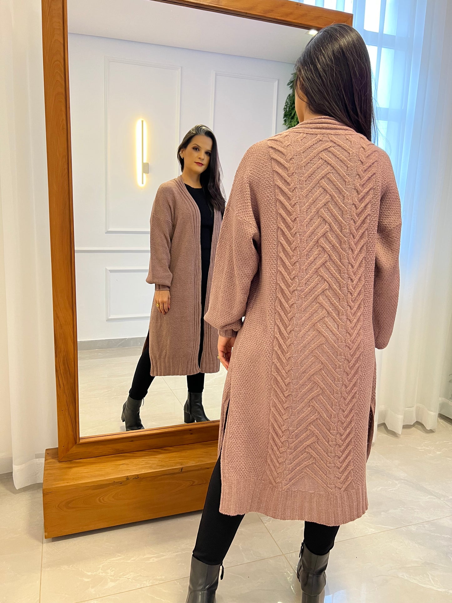 Cardigan Alongado Tricot - Rose