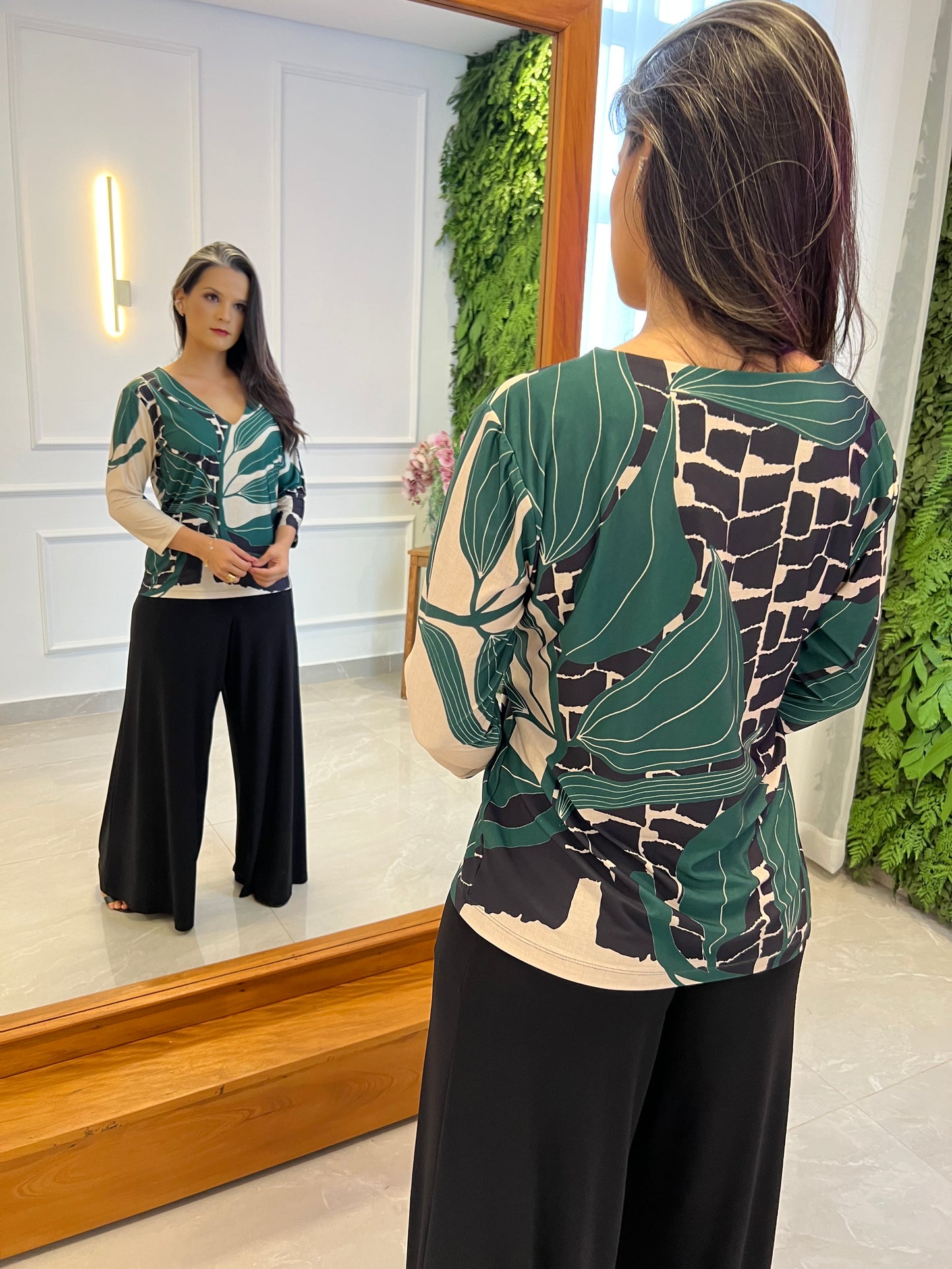 Geometric Jersey Blouse - Green