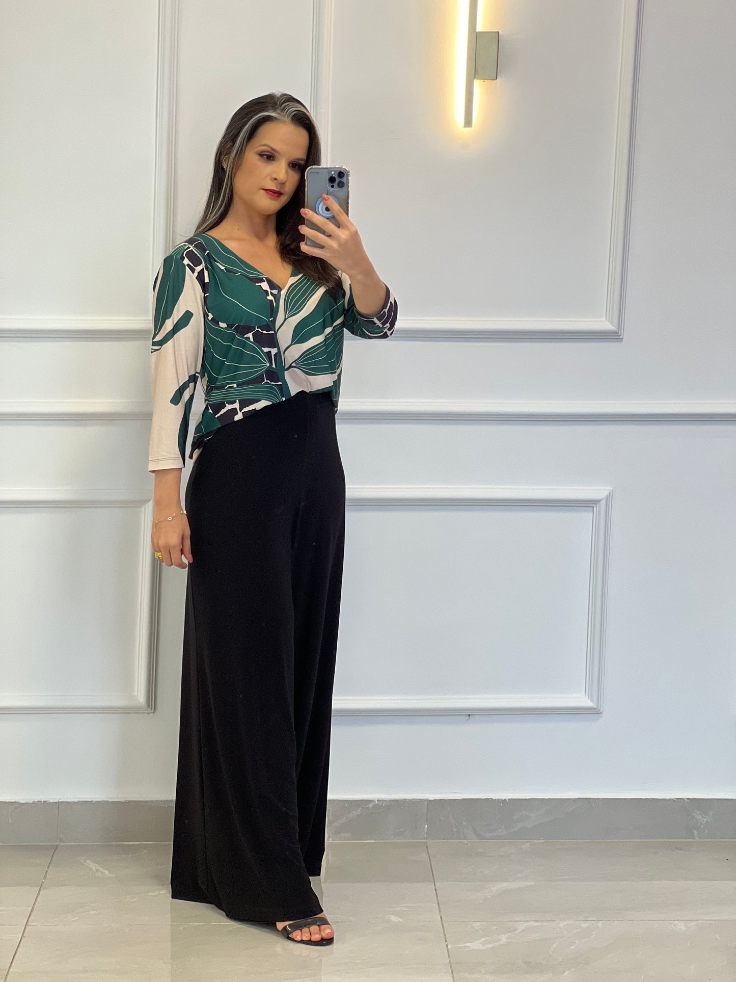 Geometric Jersey Blouse - Green