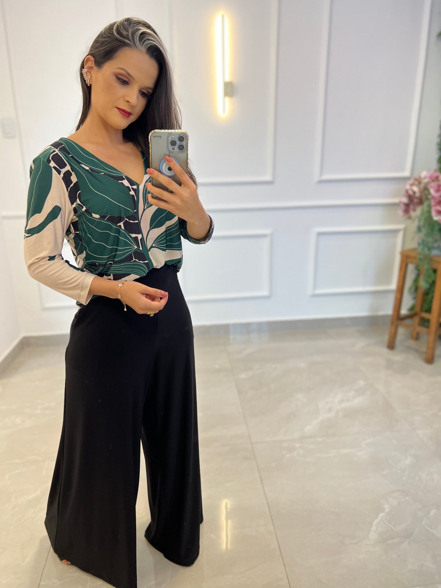 Geometric Jersey Blouse - Green