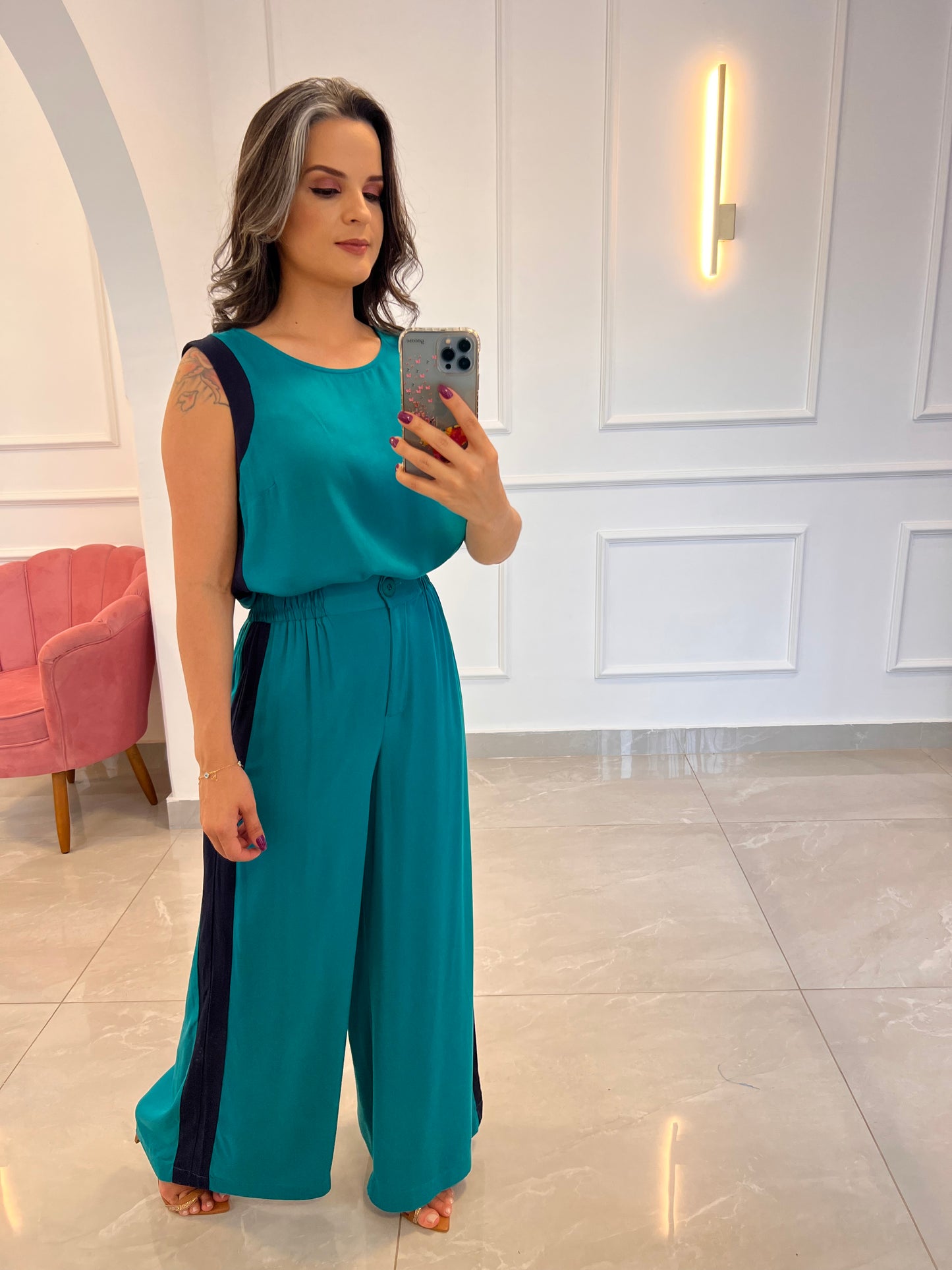 Conjunto Calça e Blusa Bicolor - Azul Petróleo