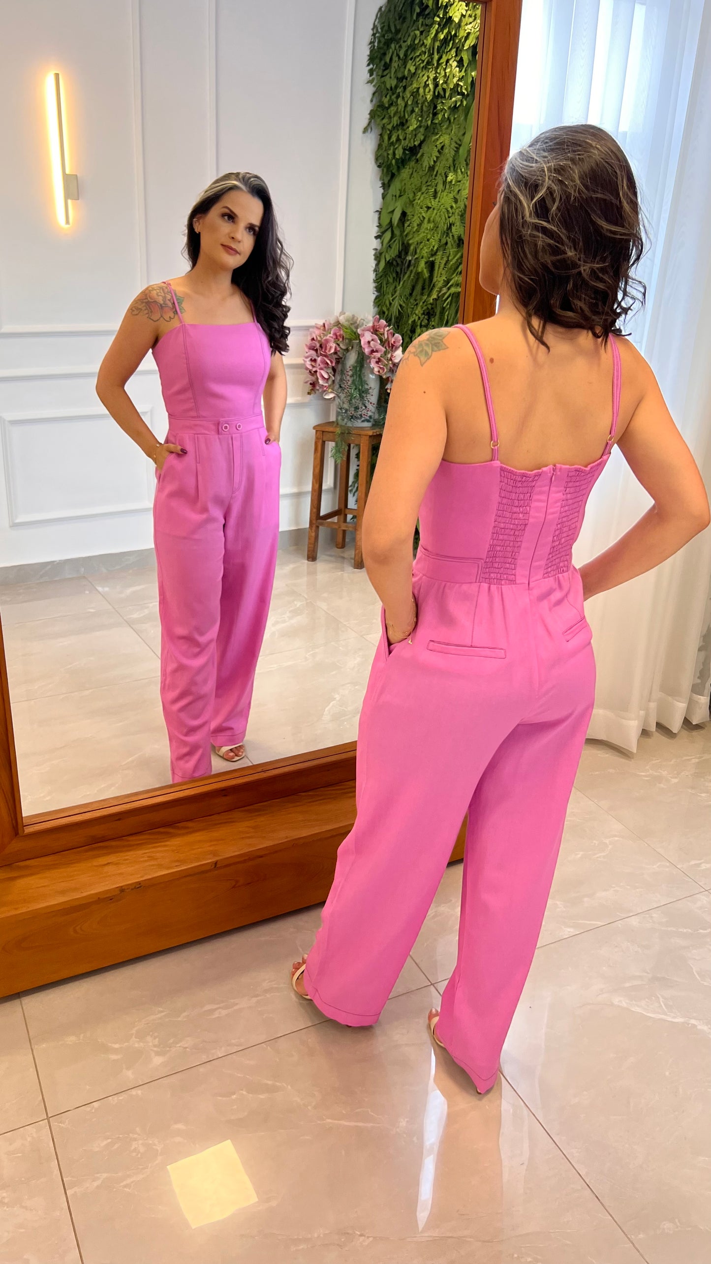 Macacão Alça Fina Linho - Rosa Claro