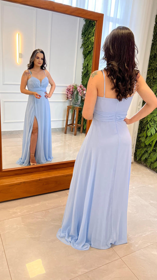 Vestido Longo Festa Drapeado Busto - Liso Azul Serenity 4864