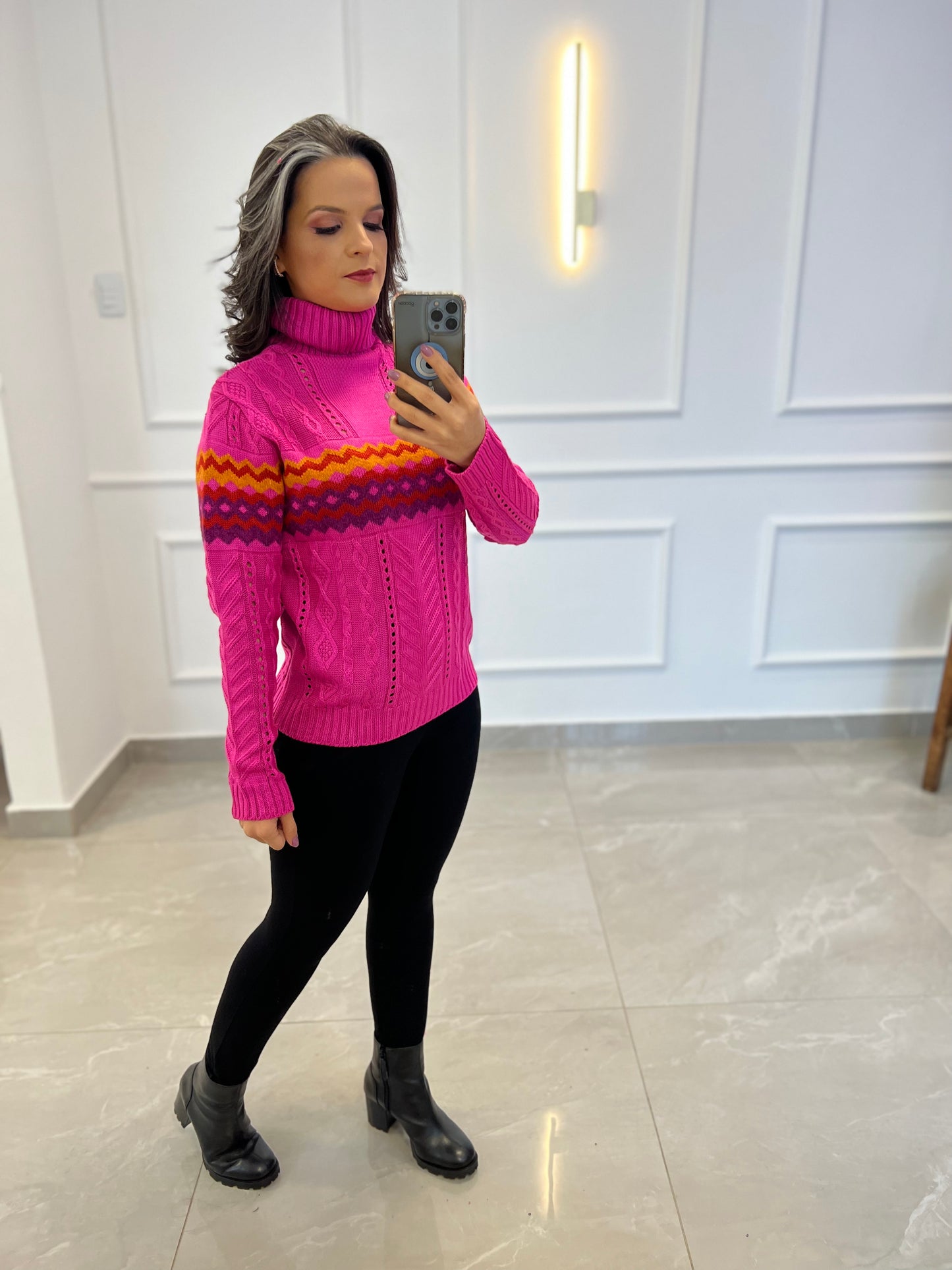 Zig Zag High Collar Tricot Blouse - Pink
