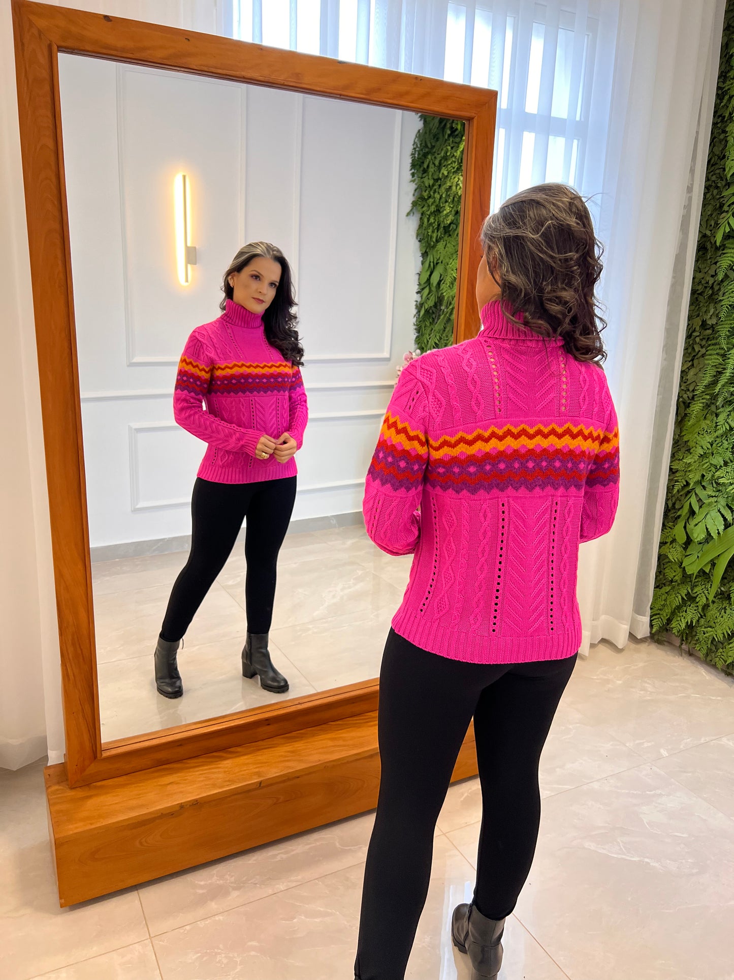 Zig Zag High Collar Tricot Blouse - Pink