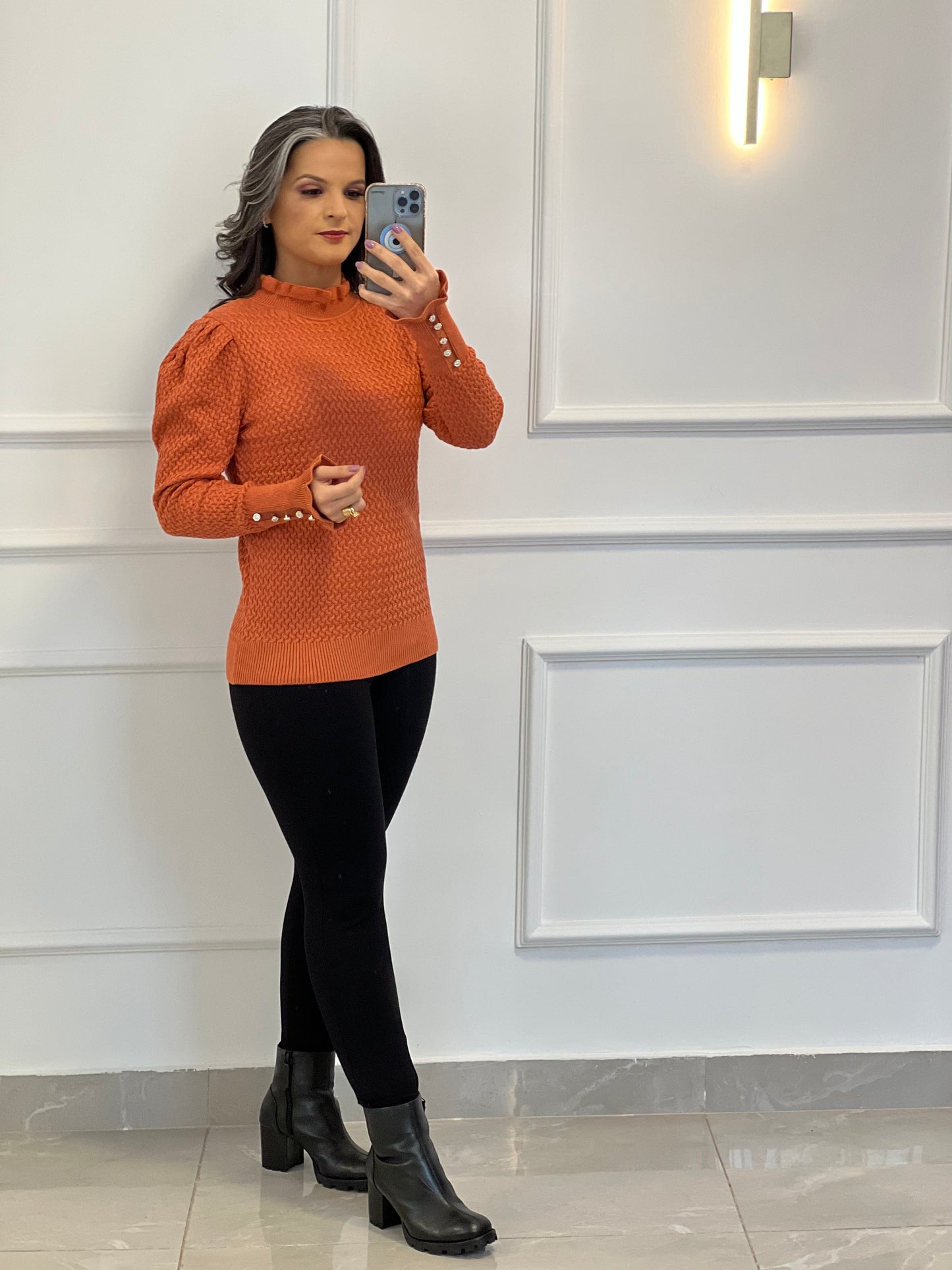 Blusa Tricot Manga Princesa Botões - Terra Cota