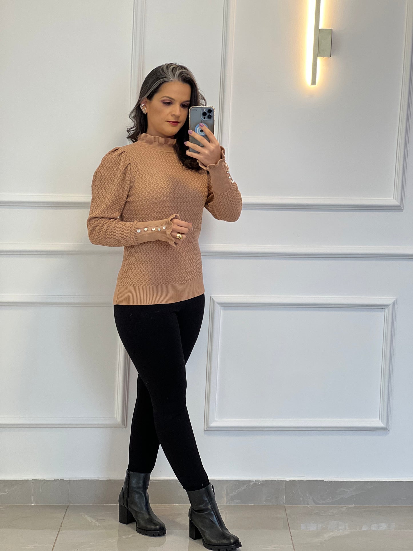 Knitting Blouse Sleeve Princess Buttons - Nude