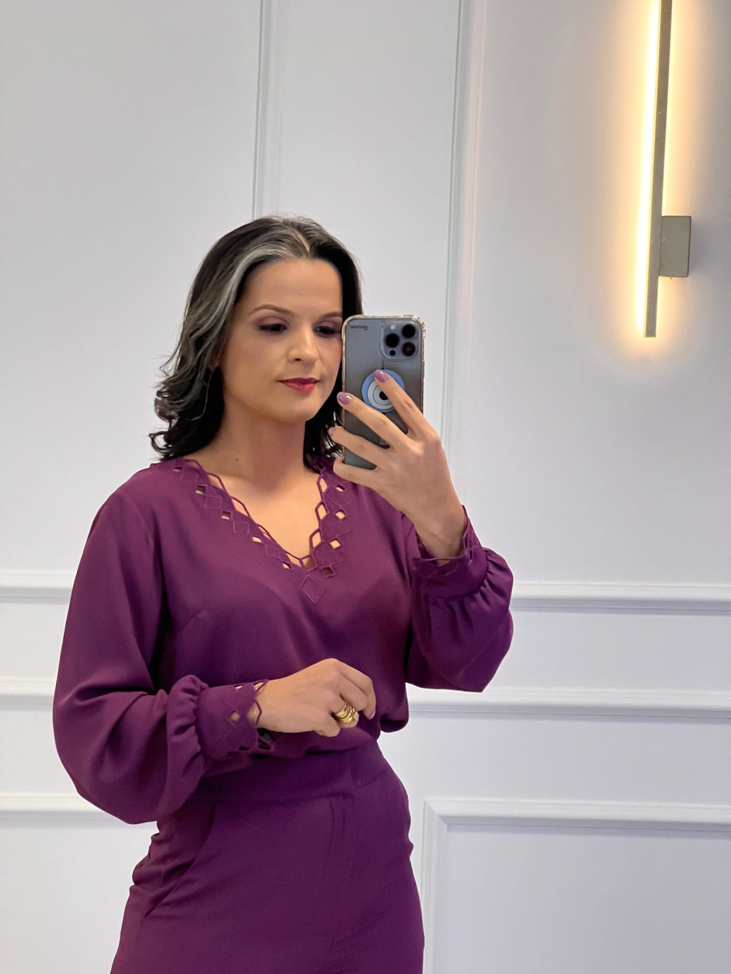 Blusa De Crepé Con Bordado De Manga Larga - Púrpura