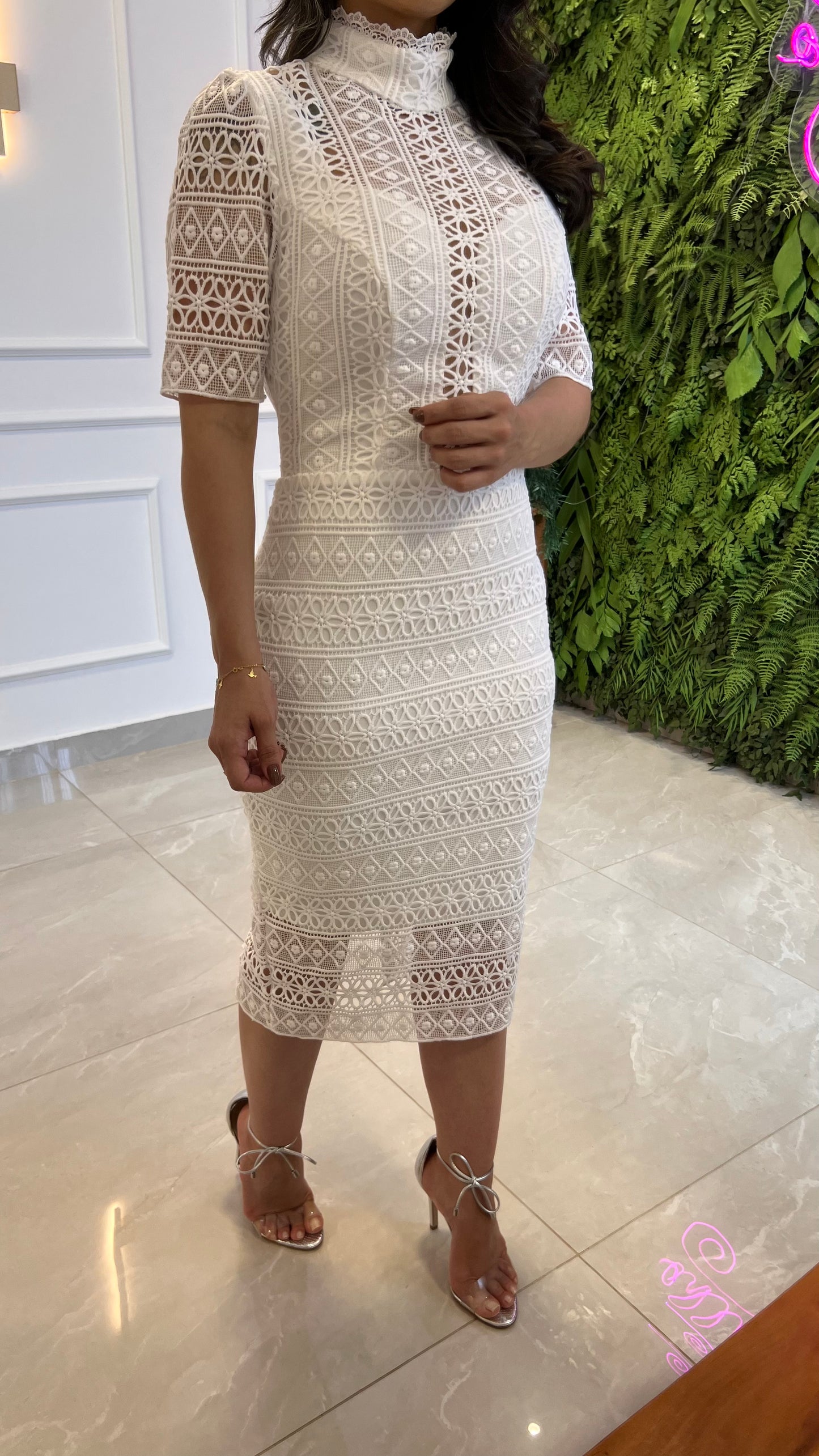 Vestido Midi Guipir Gola Alta- Off/ Branco 4895