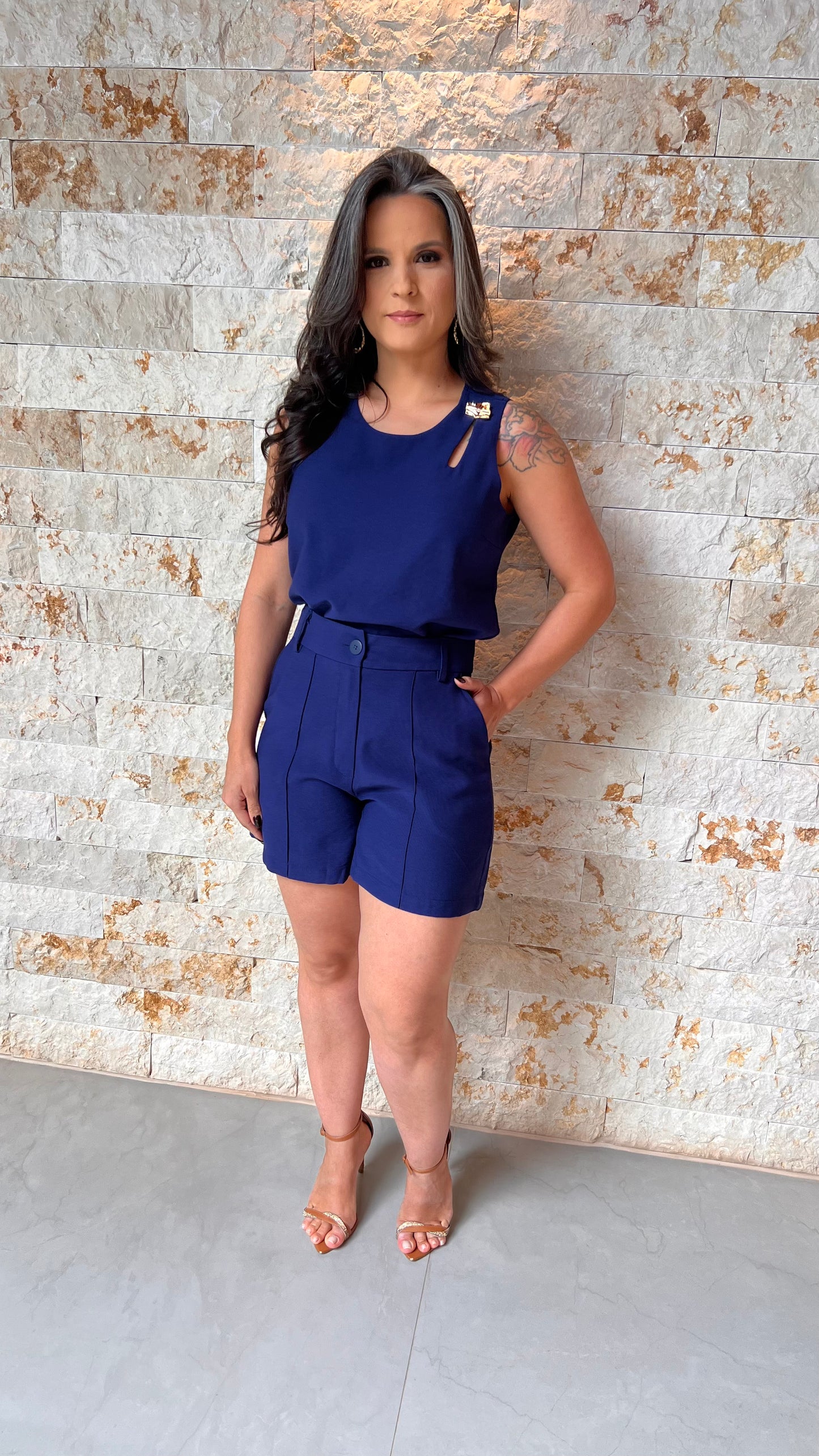 Conjunto Short Blusa Broche ARA- Azul Marinho 5991