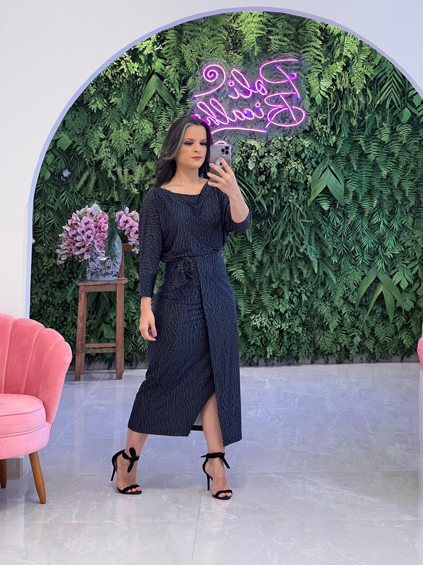 Conjunto Jersey Blusa e Saia Transpassada - Estampado Azul