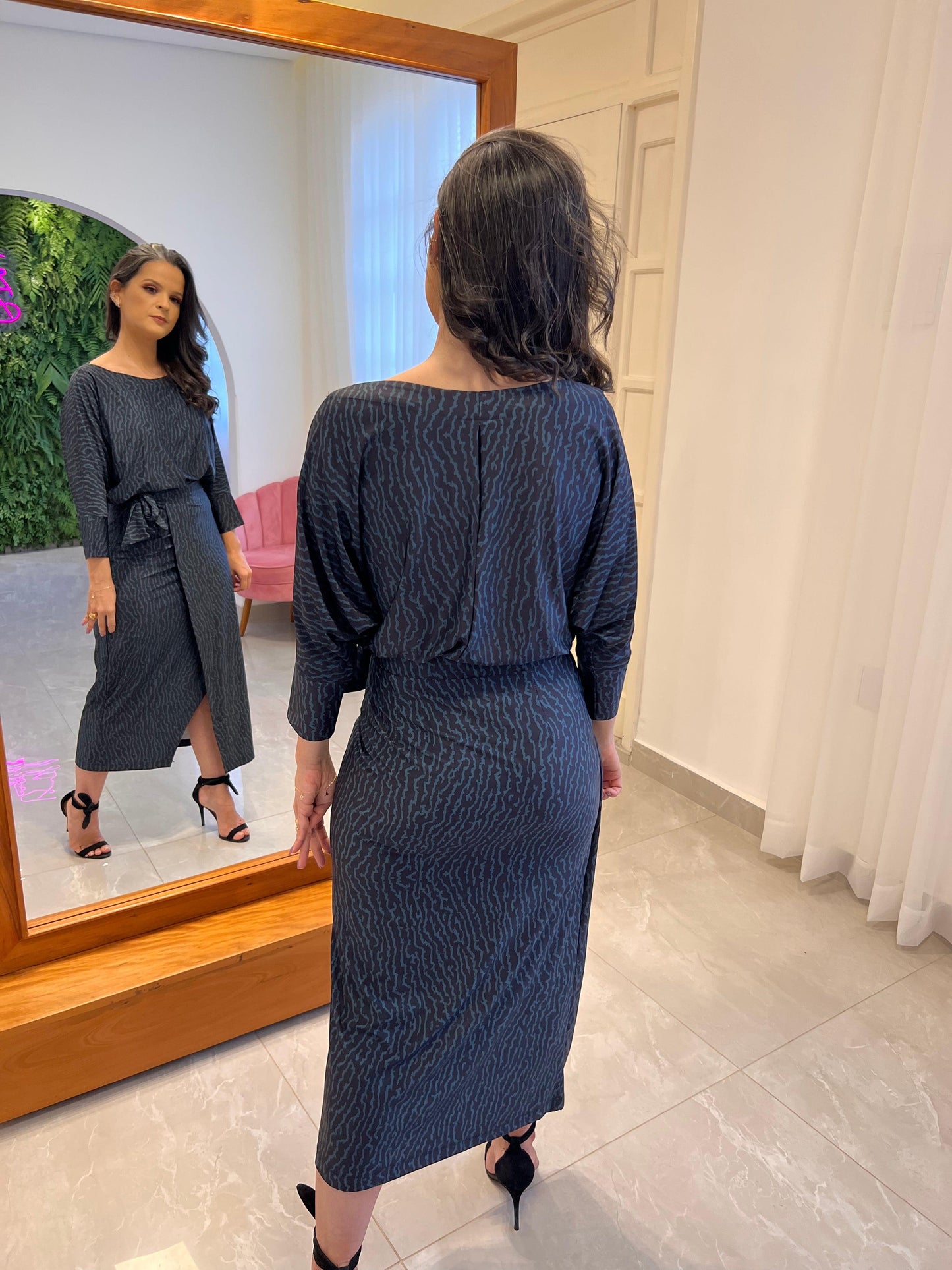 Conjunto Jersey Blusa e Saia Transpassada - Estampado Azul