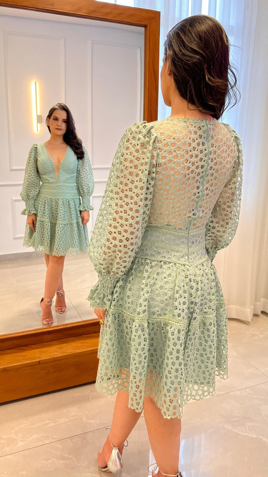 Vestido Curto Manga Longa - Liso Verde 4894