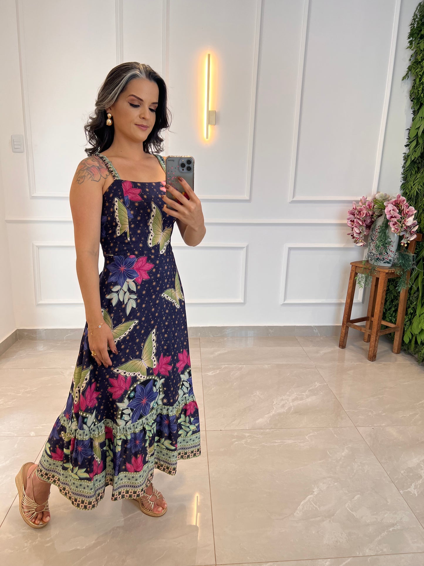 Vestido Midi Alça Elástico Borboletas - Estampado