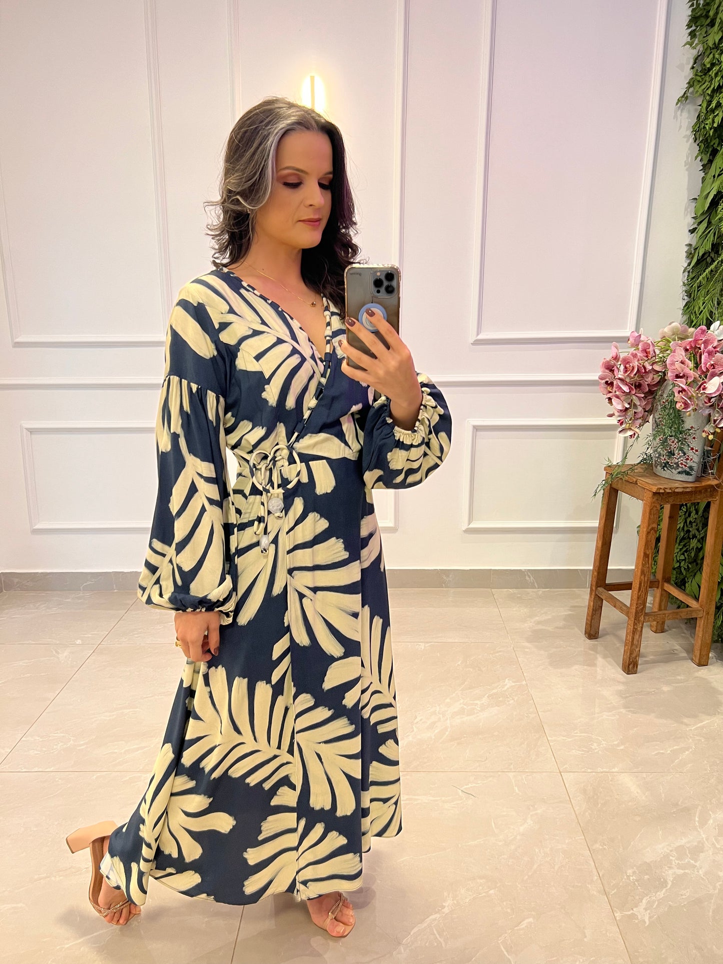 Longuete Foliage Fit Neckline Dress - Blue Print