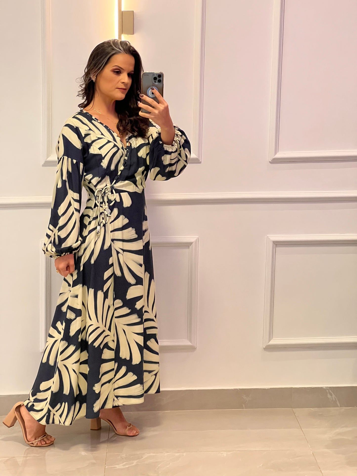 Longuete Foliage Fit Neckline Dress - Blue Print