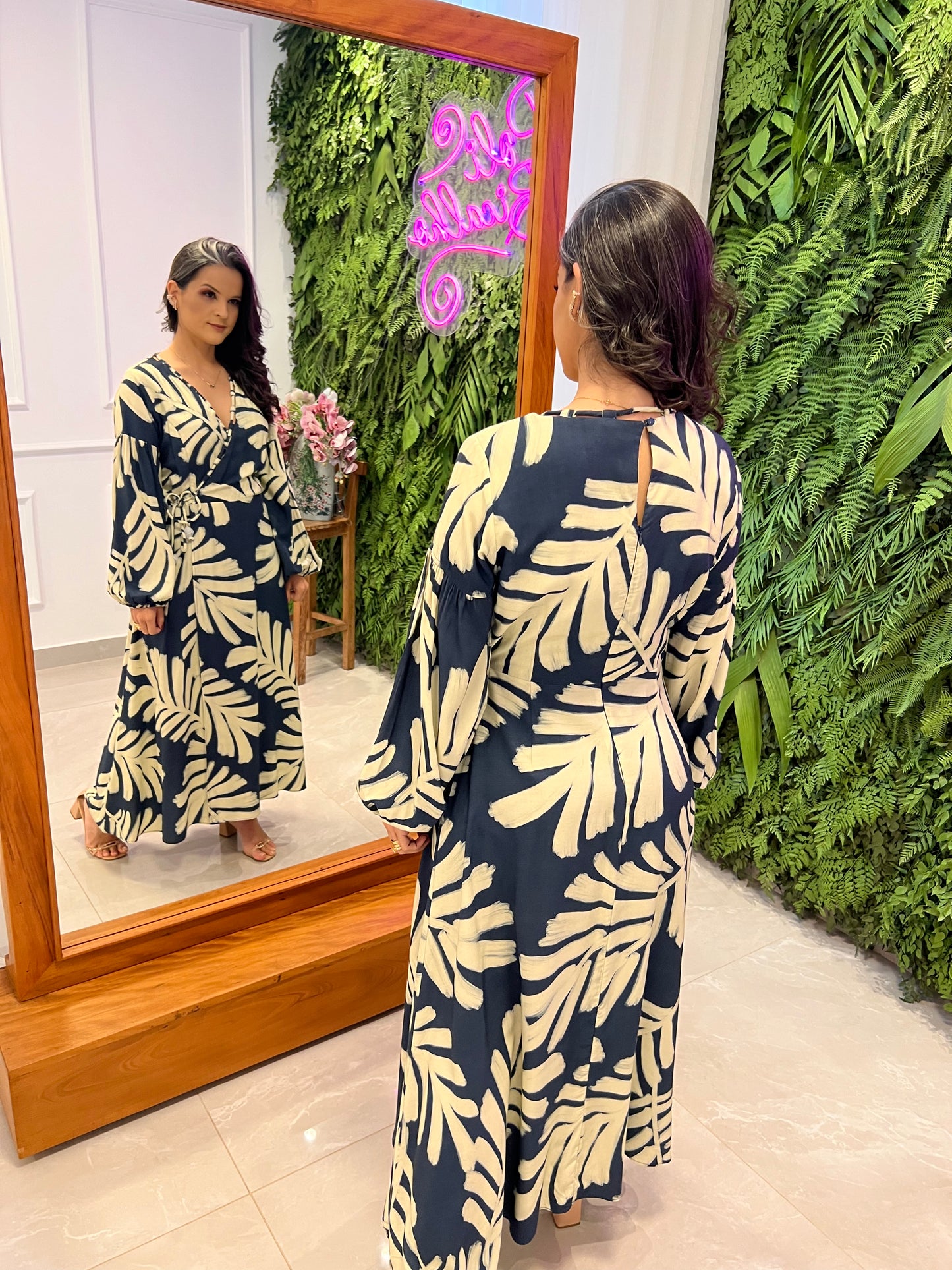 Longuete Foliage Fit Neckline Dress - Blue Print