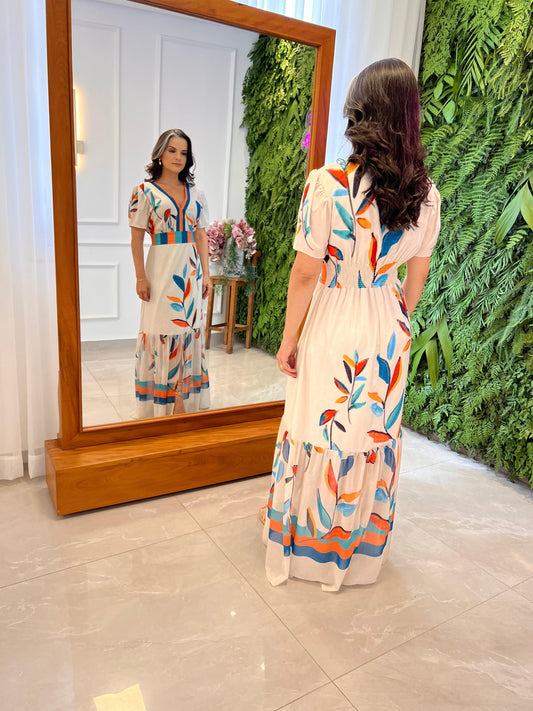 Vestido Longo Folhagem Azul YU - Estampado 4901