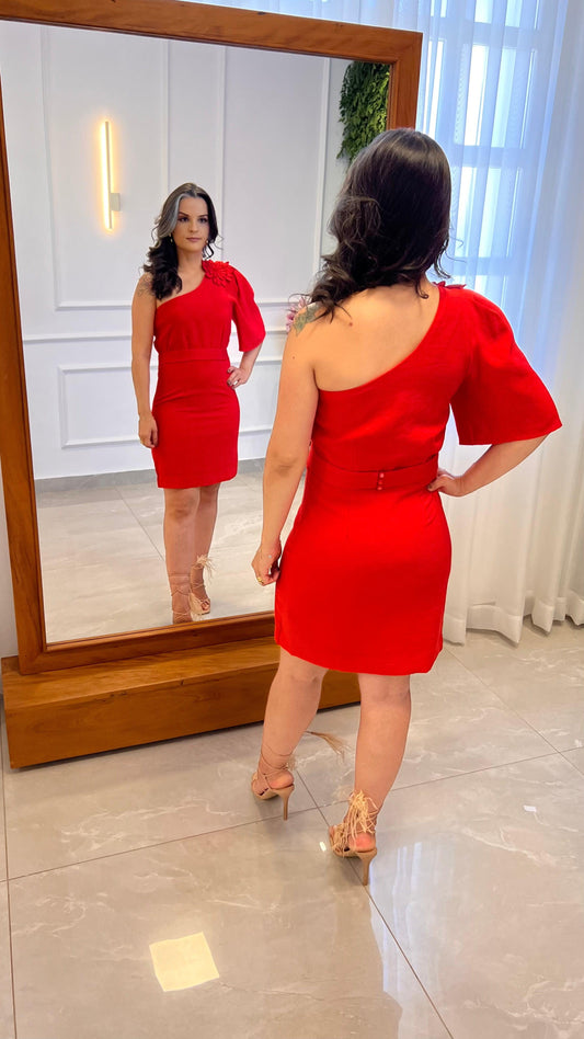 Vestido Curto Flor Um Ombro Só - Liso Vermelho 4911