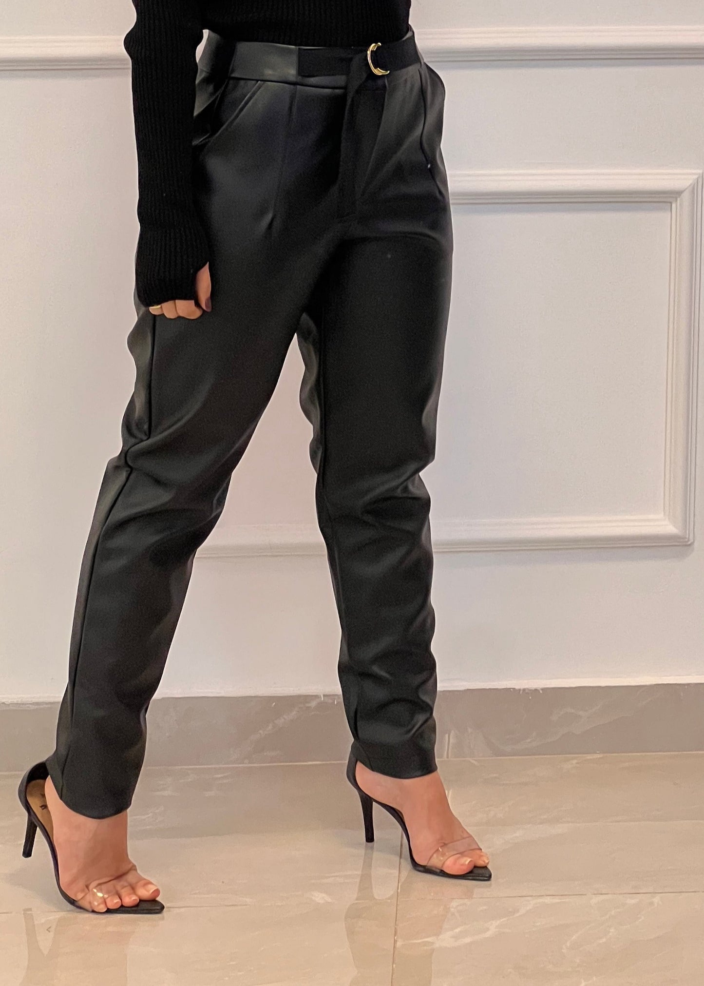 Eco Leather Belt Pants - Black