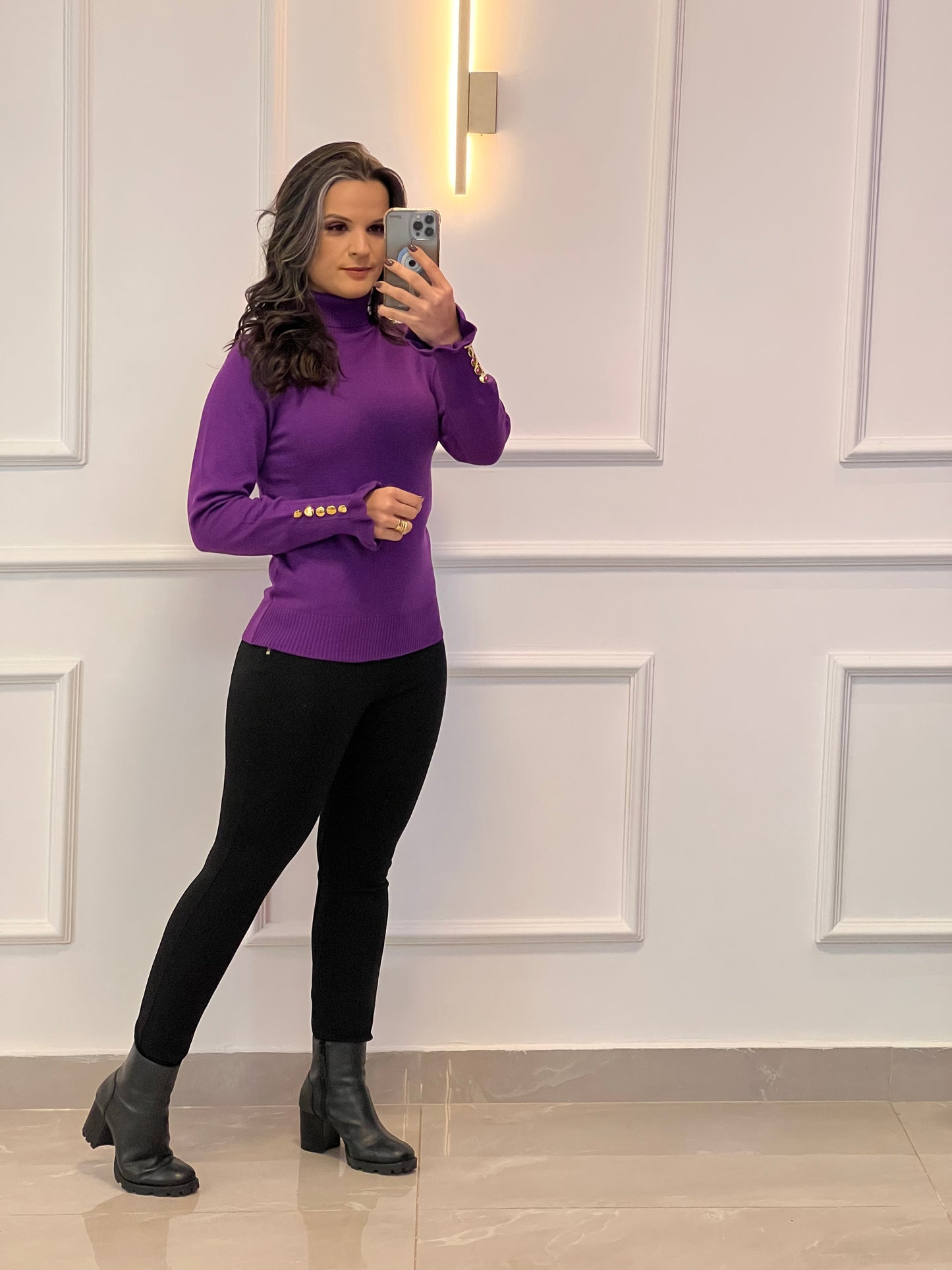 Blusa Tricot Manga Botões Dourados - Roxo