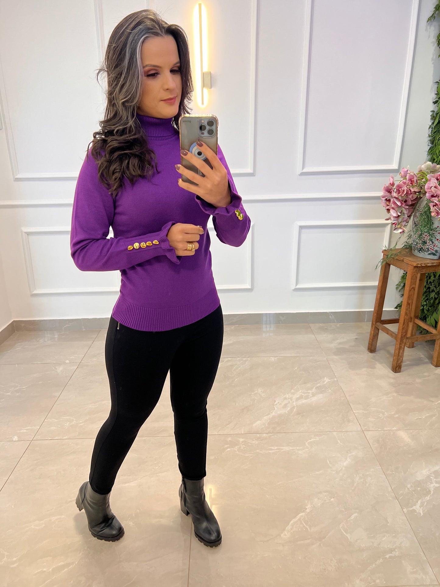 Blusa Tricot Manga Botões Dourados - Roxo