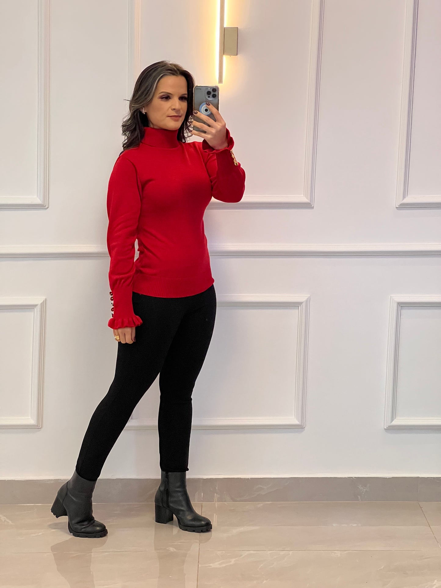 Knitting Blouse Sleeve Gold Buttons - Red