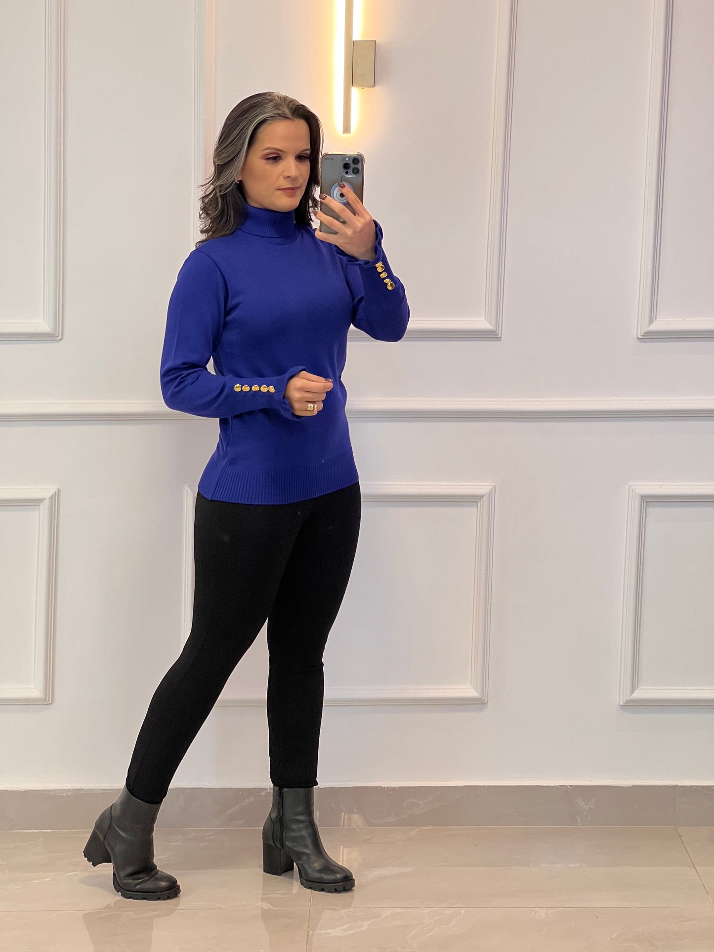 Blusa Tricot Manga Botões Dourados - Azul
