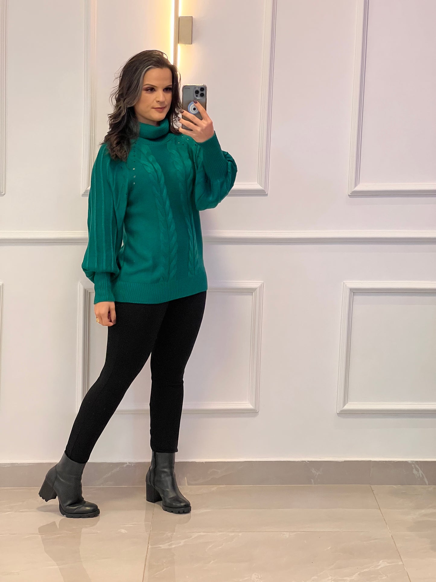 High Collar Knit Blouse Cuff - Green