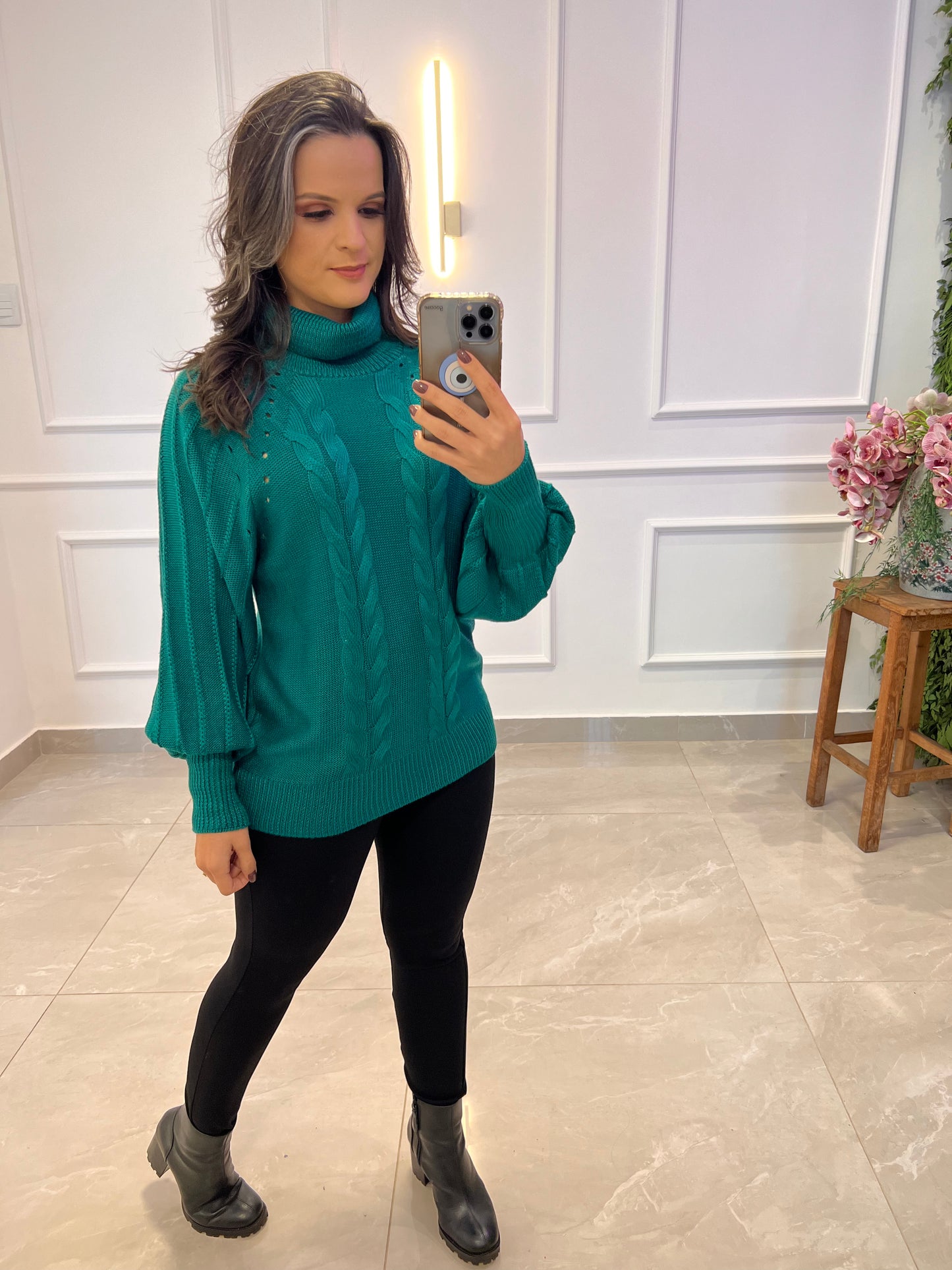 High Collar Knit Blouse Cuff - Green
