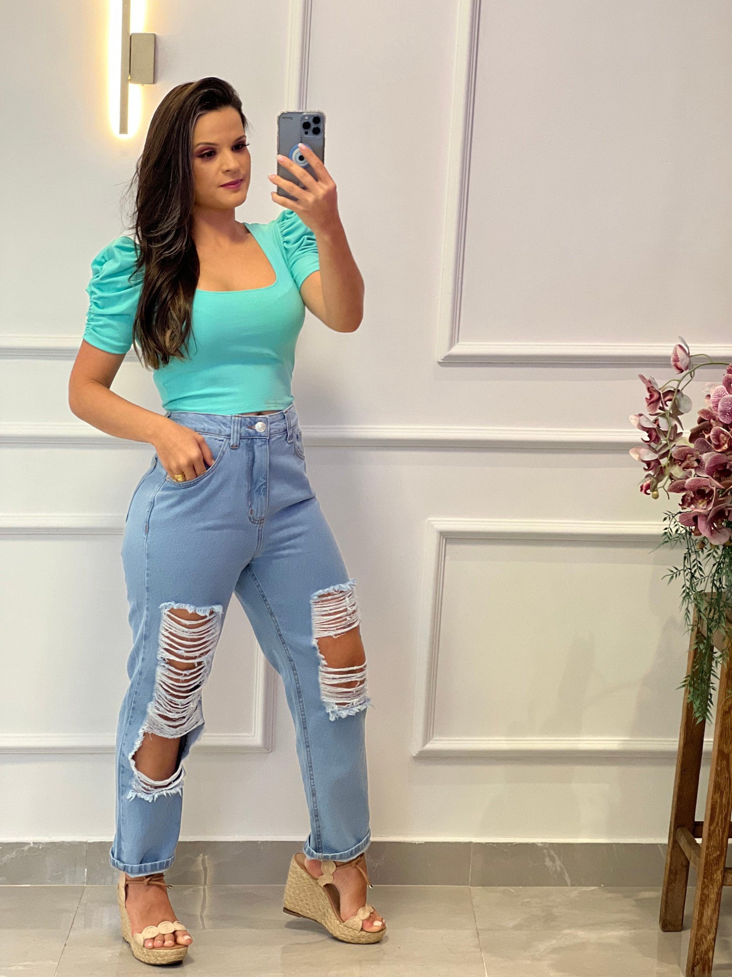Blusa corta con manga princesa - Verde