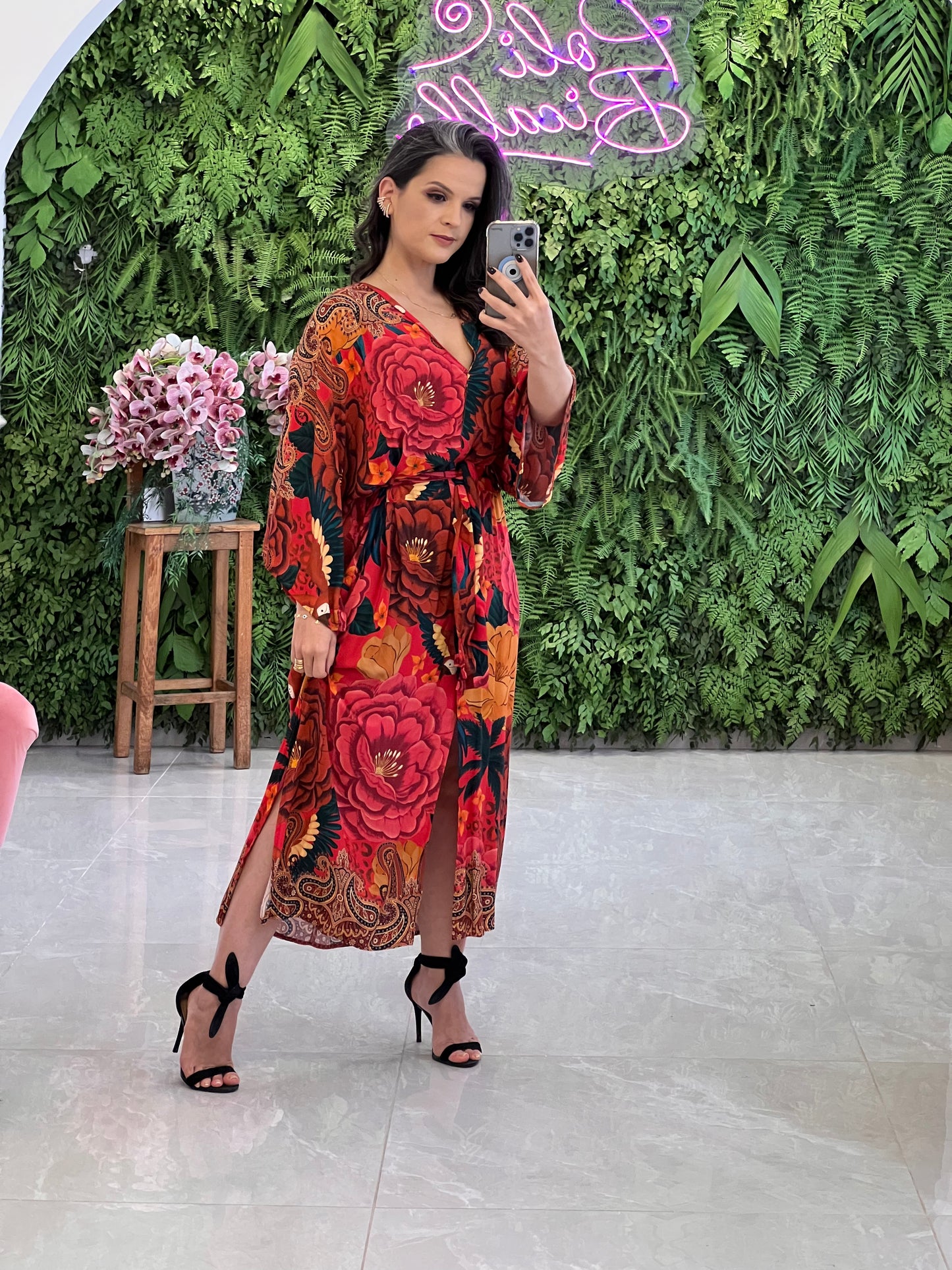 Vestido Midi Floral Manga Ampla - Estampado Rosa
