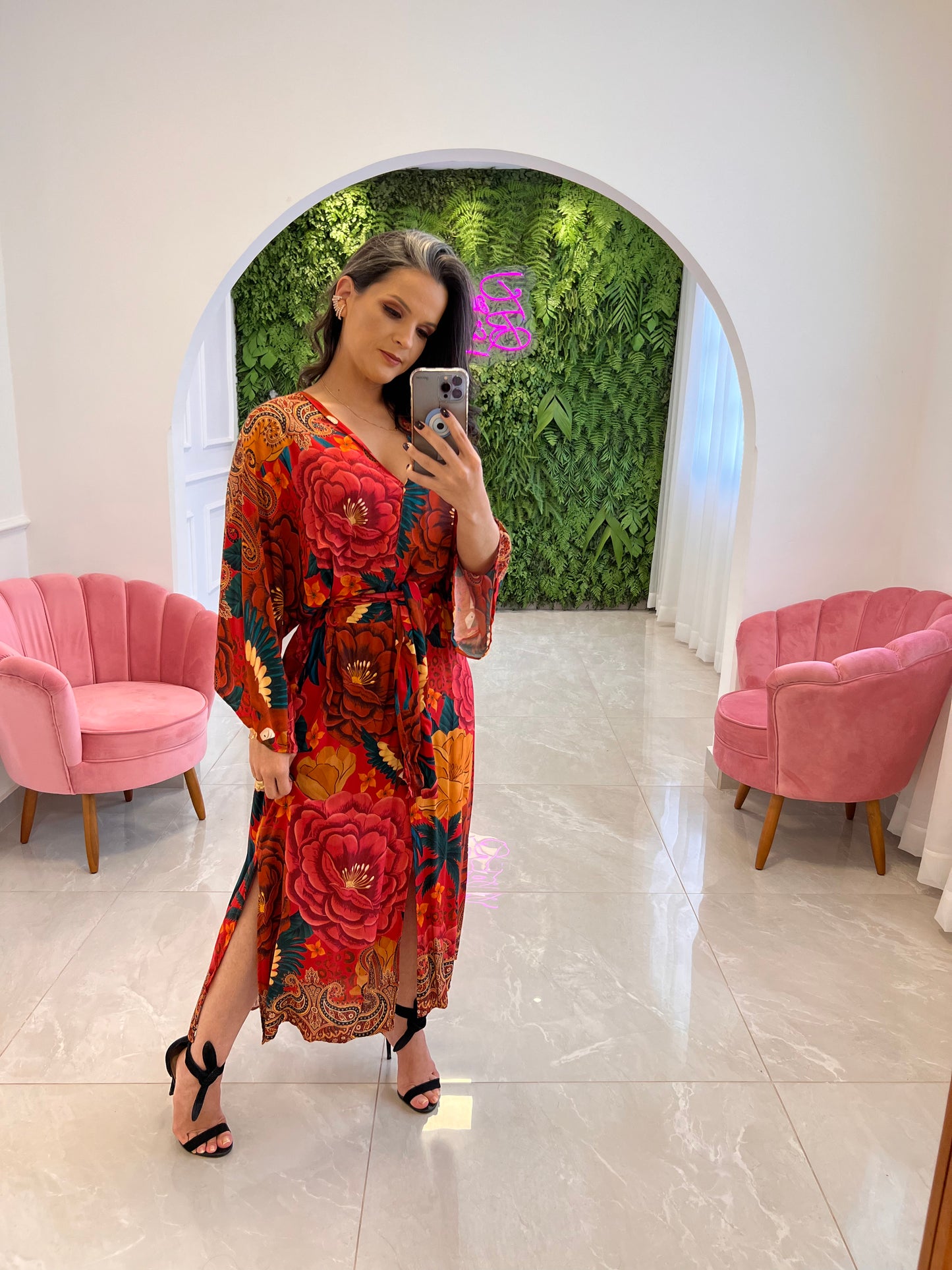 Vestido Midi Floral Manga Ampla - Estampado Rosa