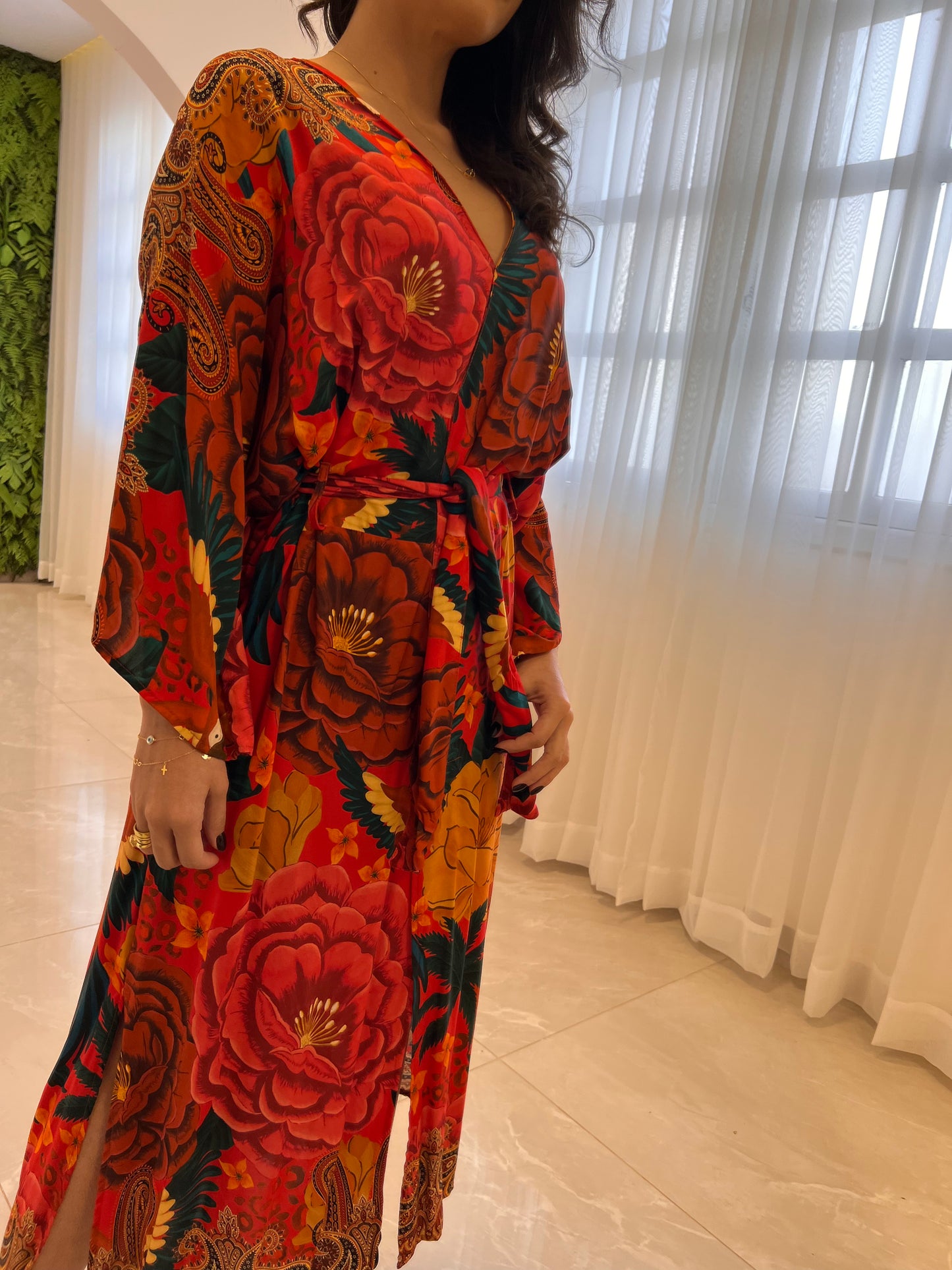 Vestido Midi Floral Manga Ampla - Estampado Rosa
