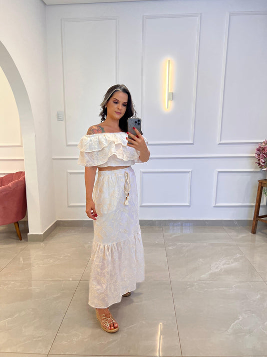 Conjunto Ombro a Ombro Bordado Saia e Cropped - Off/ Branco 4927