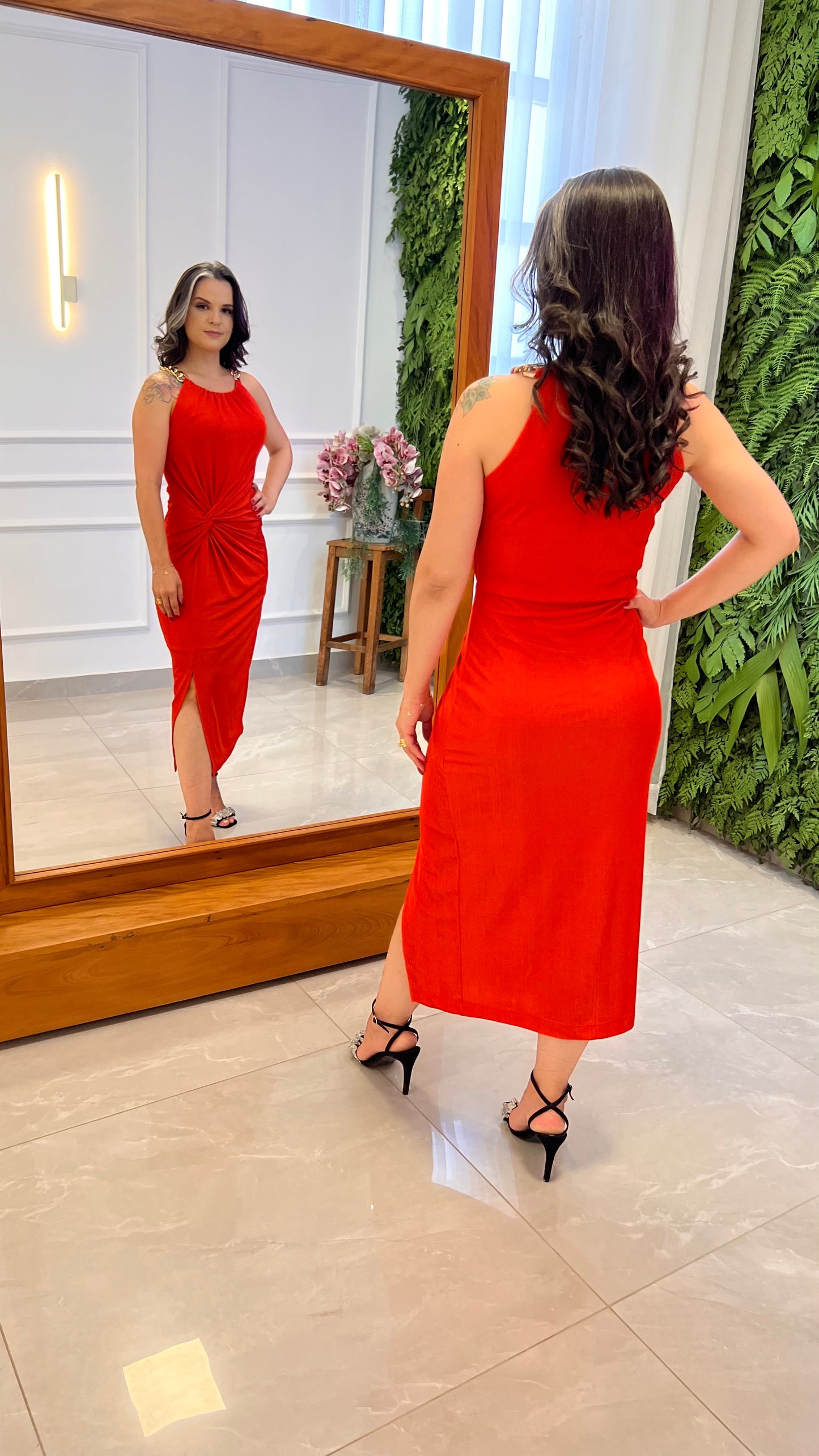 Vestido Midi Torção Corrente Jersey- Vermelho