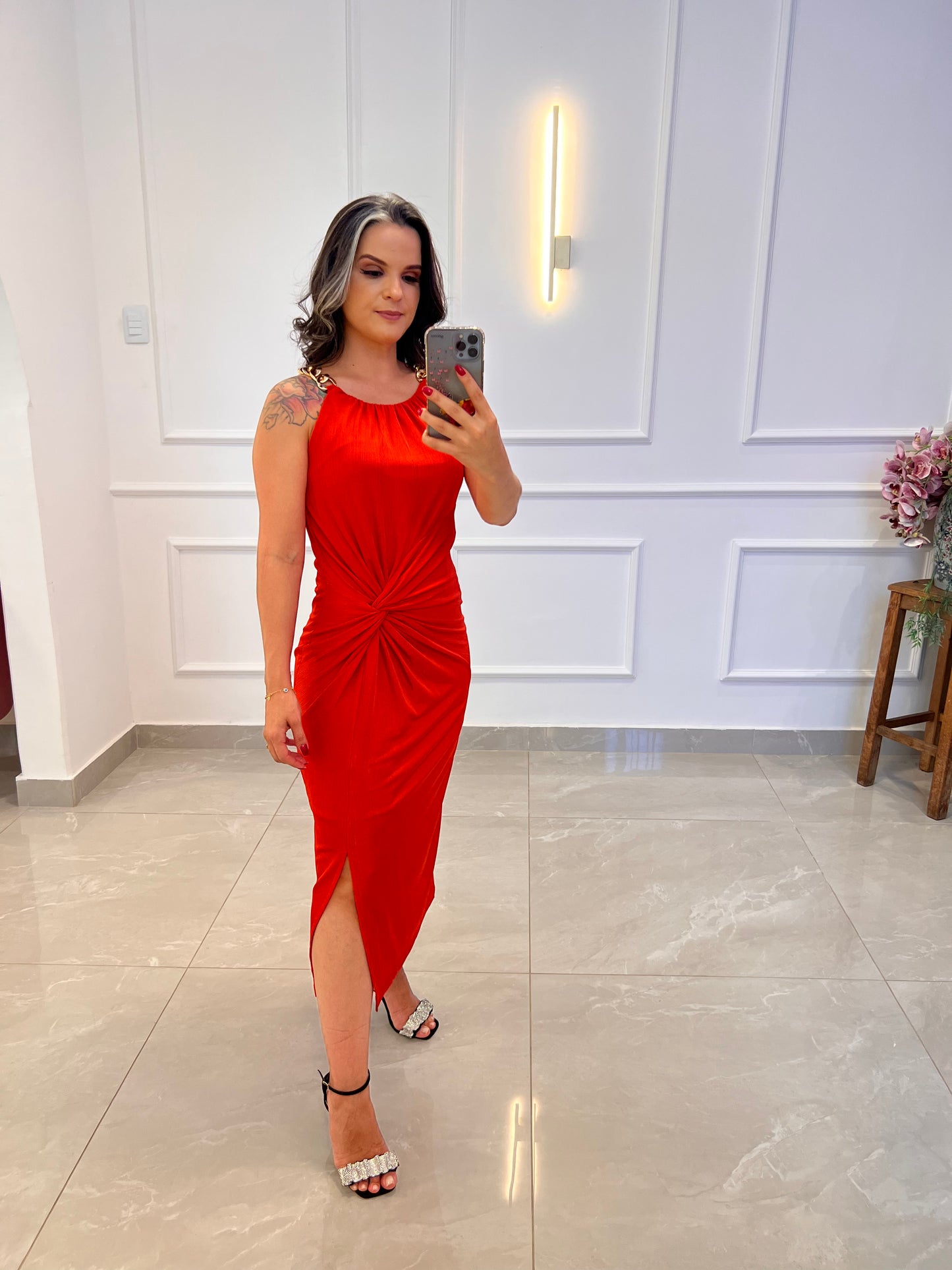 Vestido Midi Torção Corrente Jersey- Vermelho