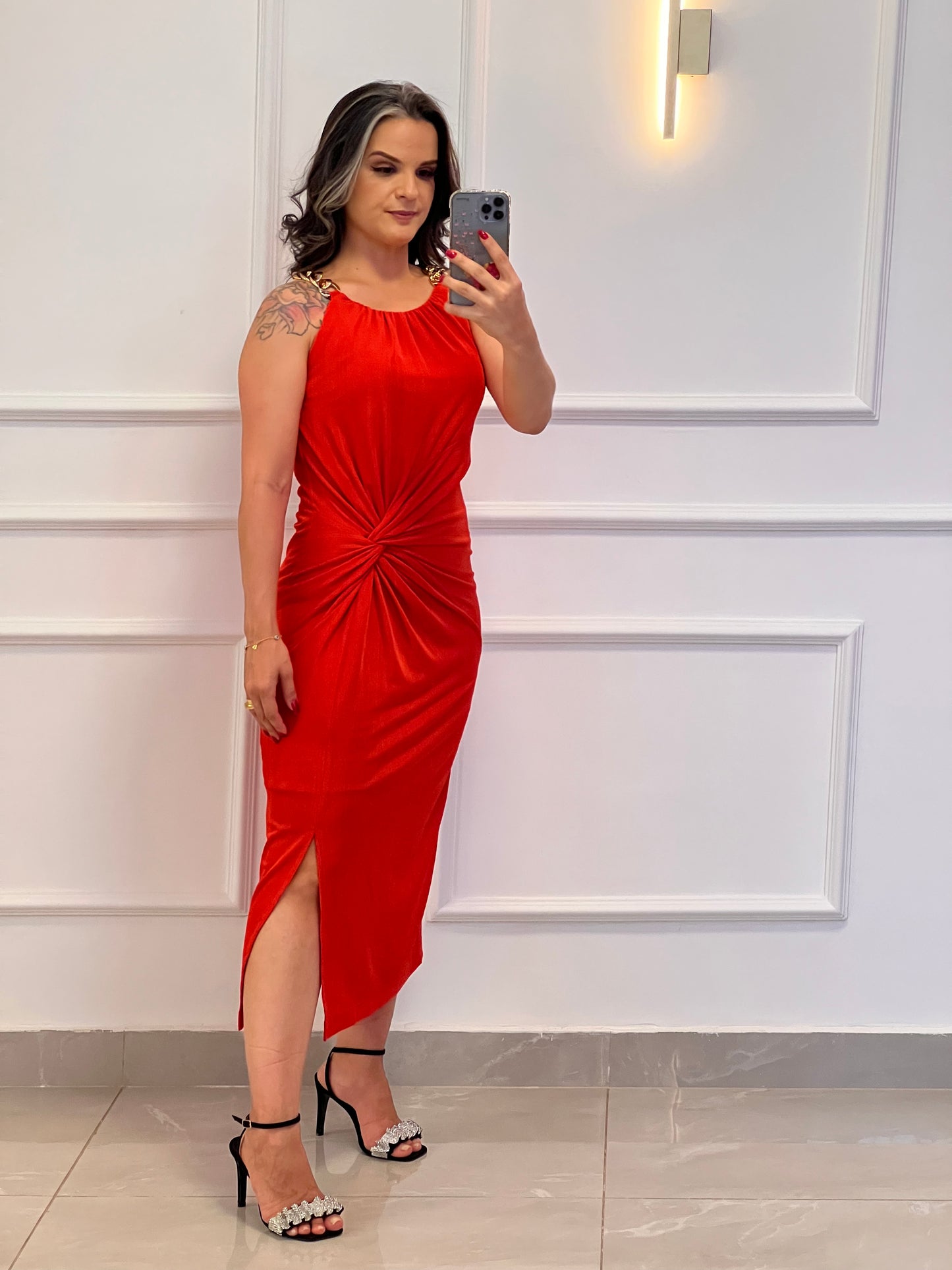 Vestido Midi Torção Corrente Jersey- Vermelho