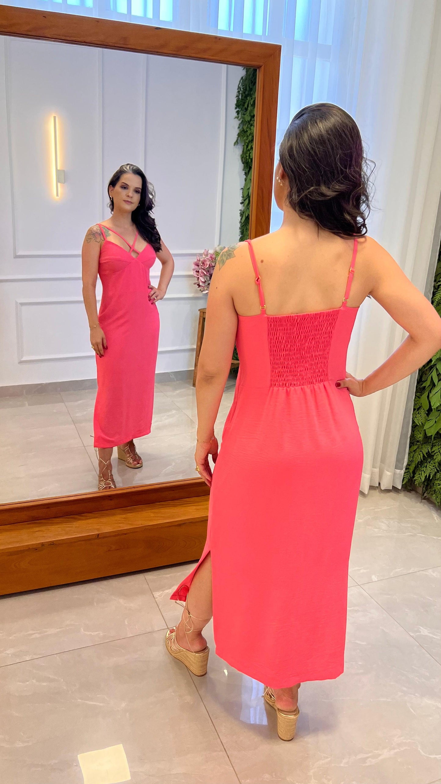 Vestido Midi Alça Crepe - Rosa