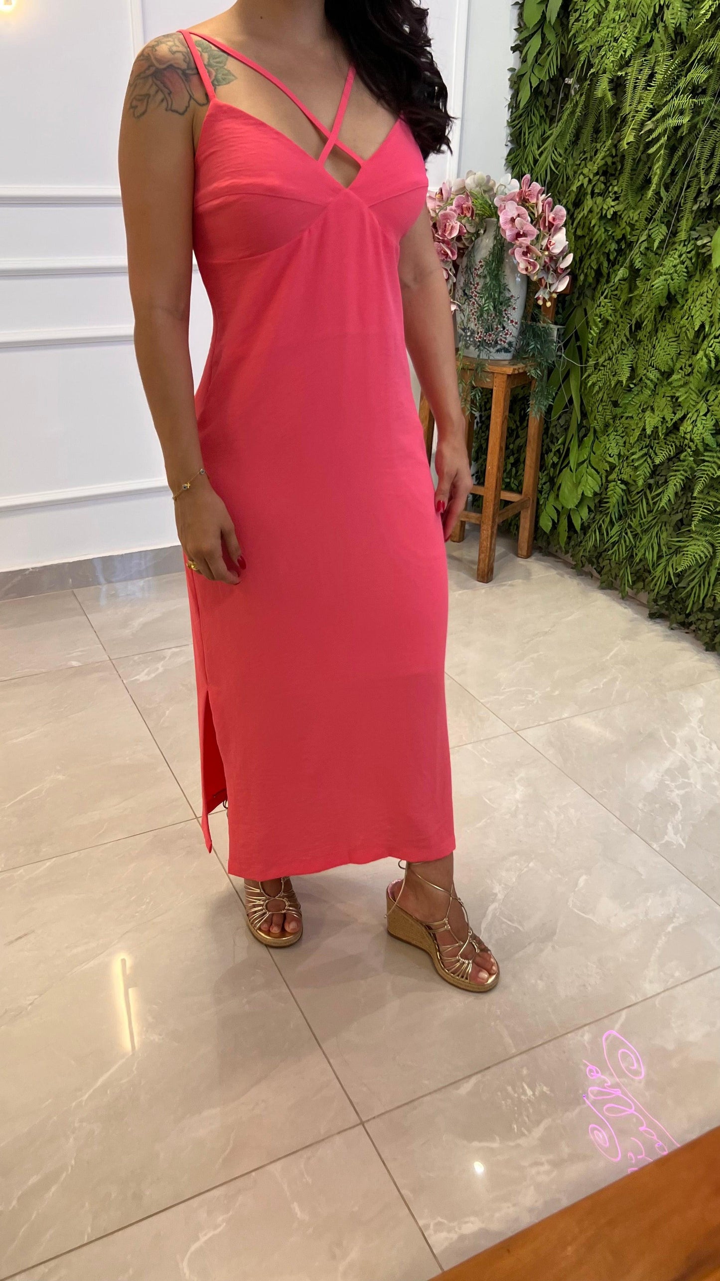 Vestido Midi Alça Crepe - Rosa