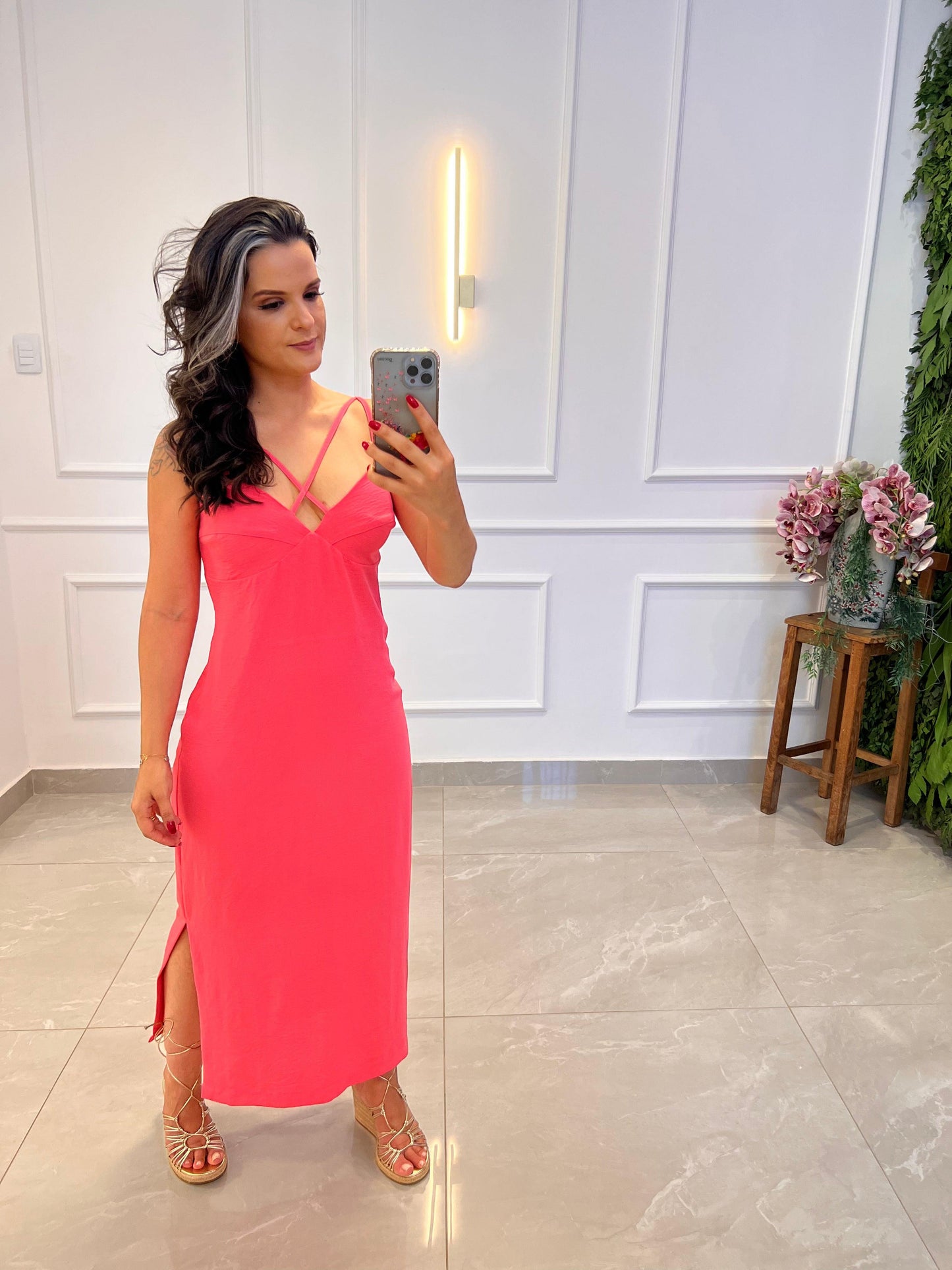 Vestido Midi Alça Crepe - Rosa