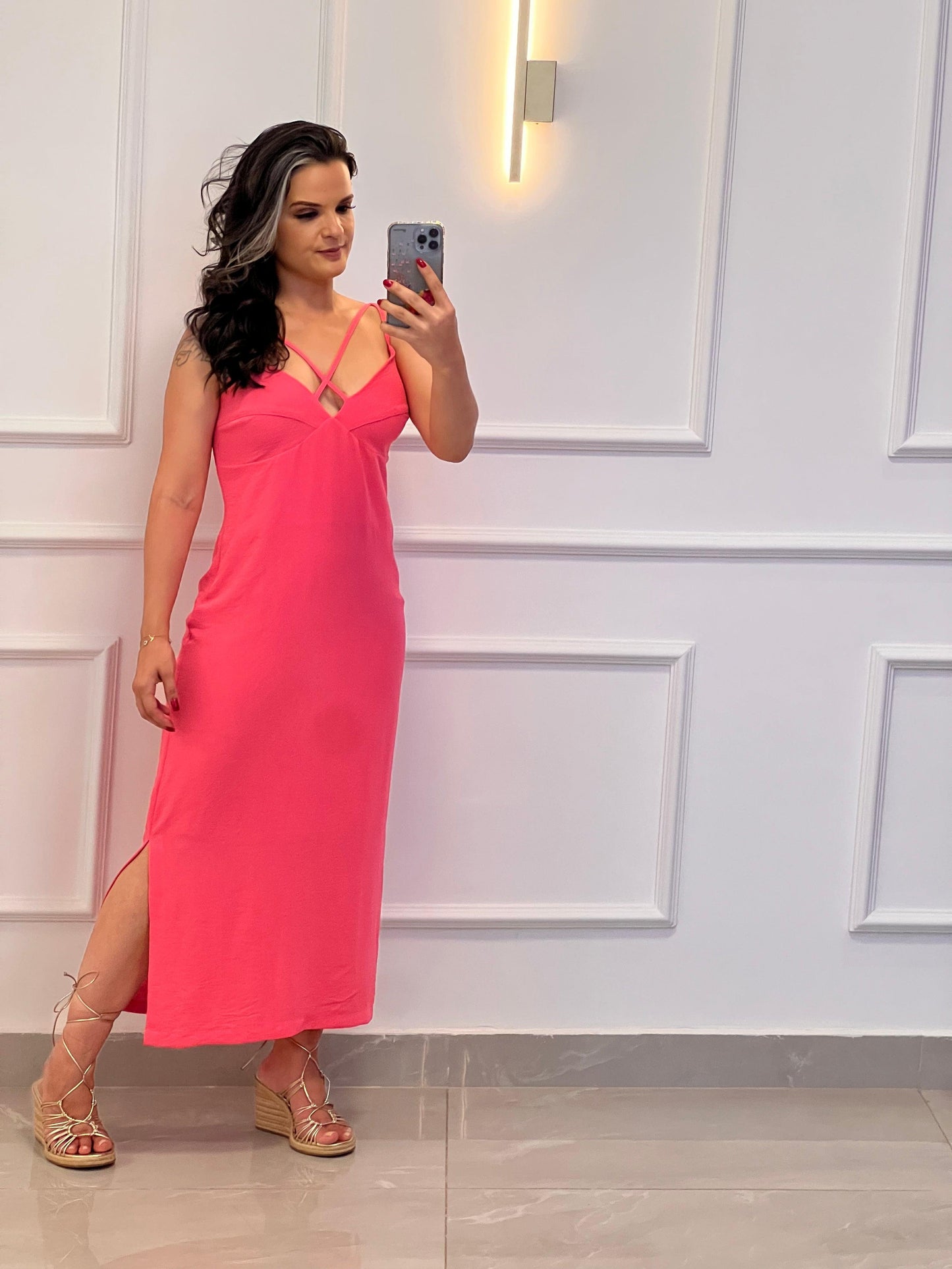 Vestido Midi Alça Crepe - Rosa