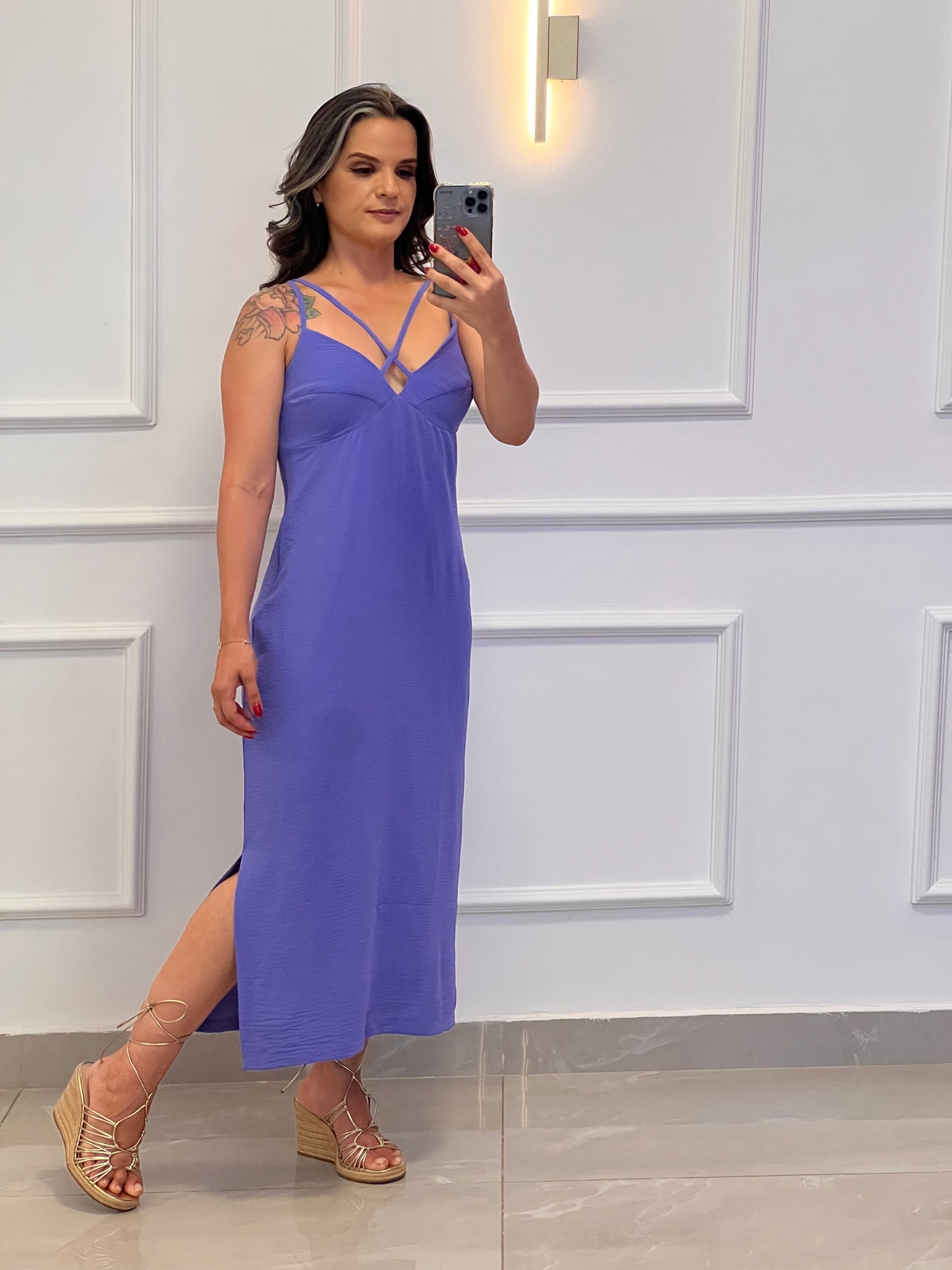 Vestido Midi Alça Crepe - Roxo