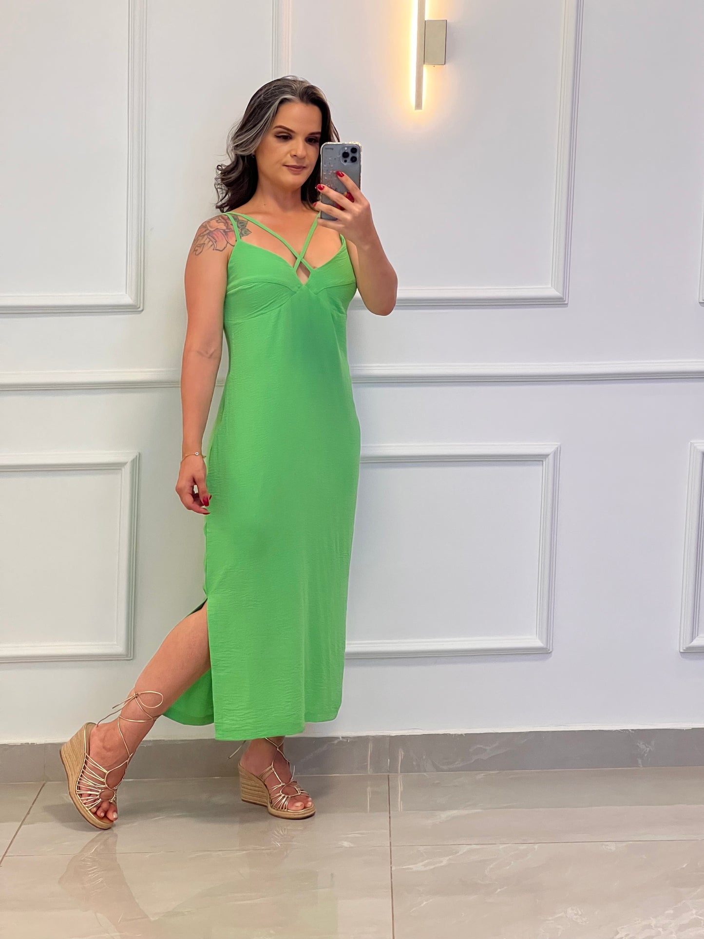 Vestido Midi Alça Crepe - Verde
