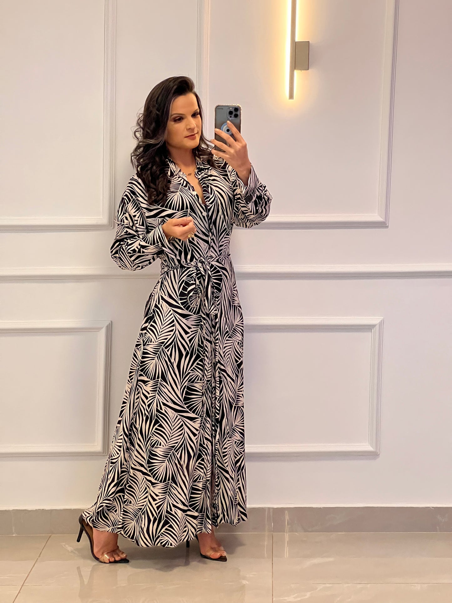 Vestido Chemisse Manga Longa Folhagens - Estampado