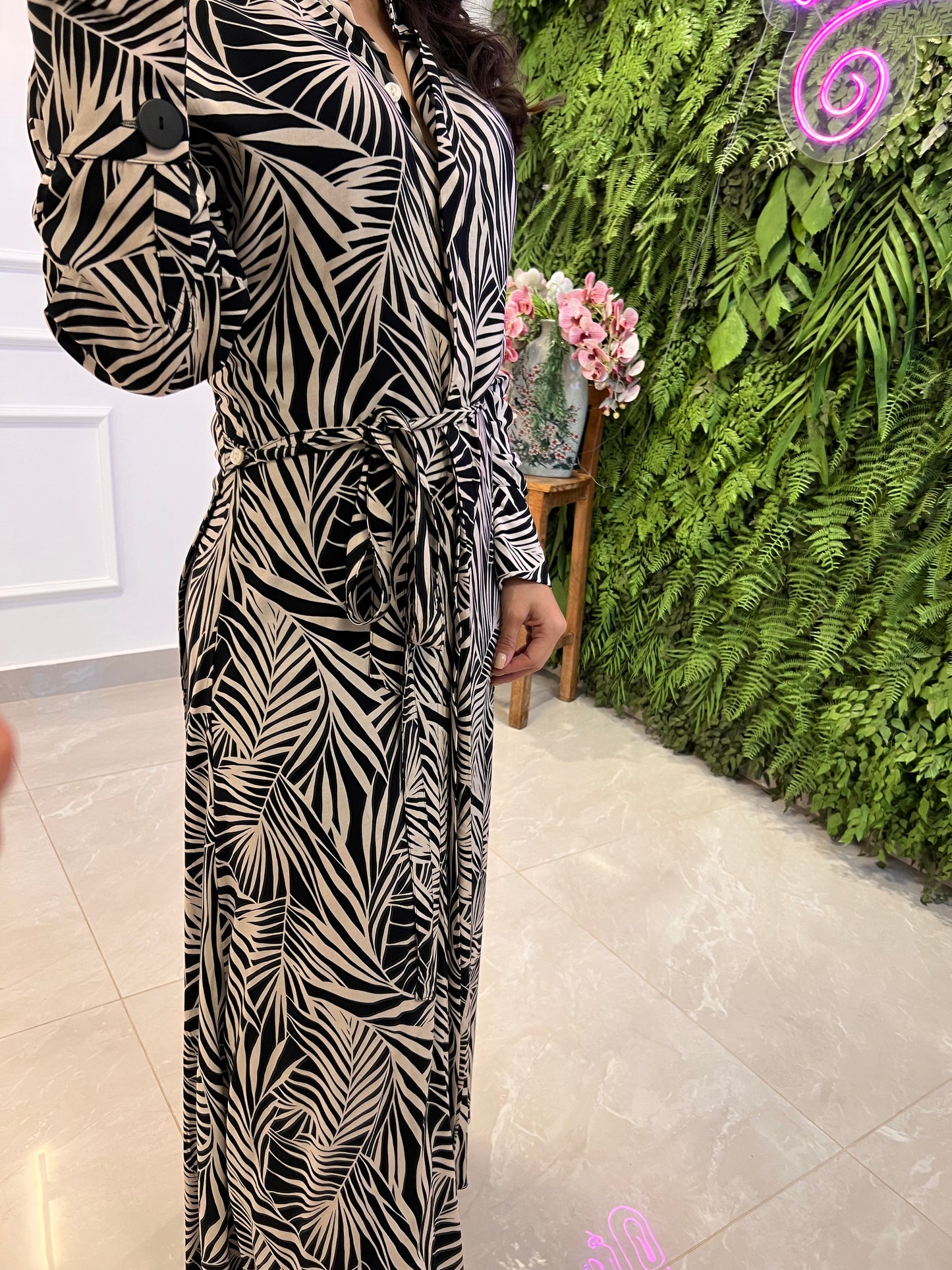 Vestido Chemisse Manga Longa Folhagens - Estampado